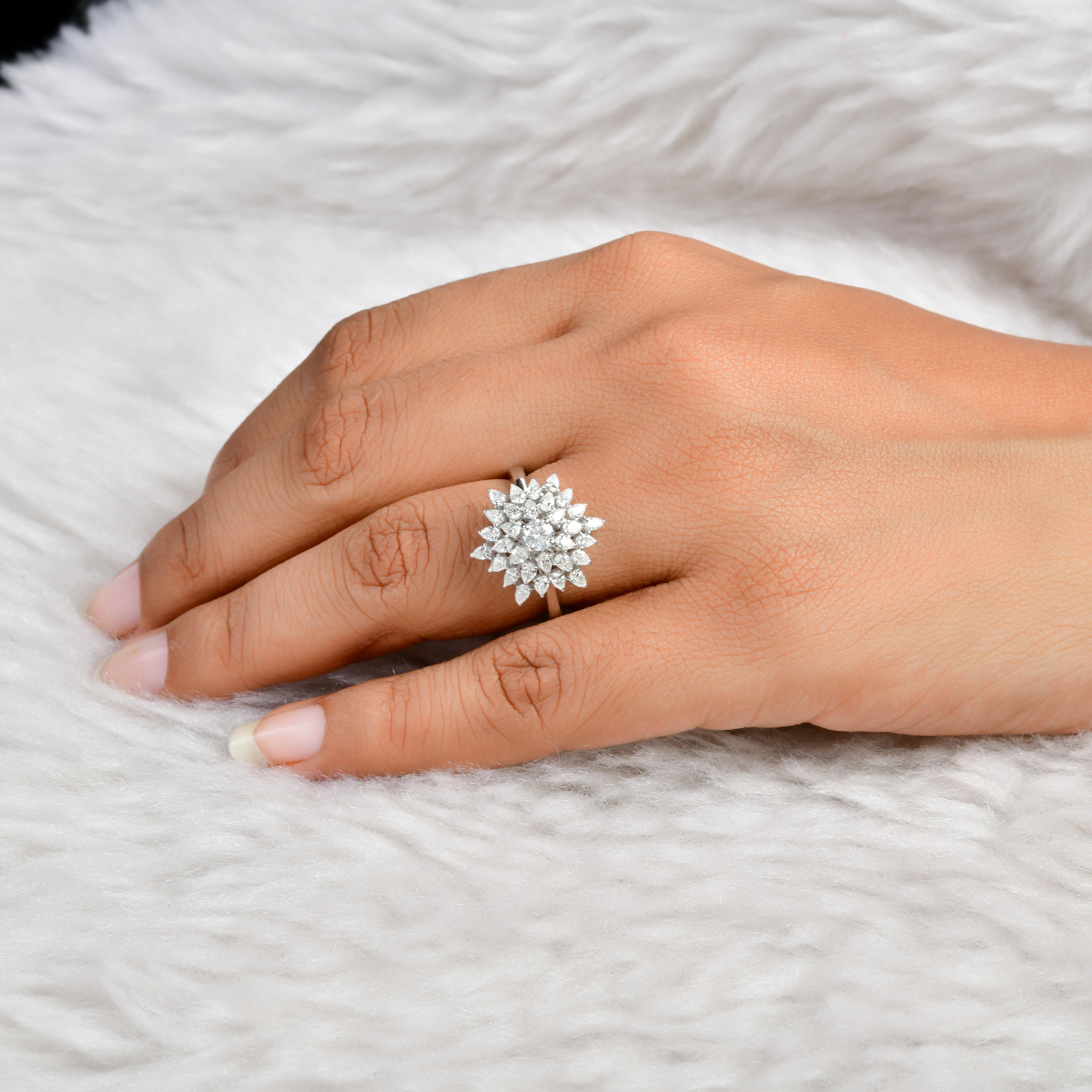 Pear Cut Natural 1.23 Carat Round & Pear Diamond Flower Ring 18 Karat White Gold Jewelry For Sale