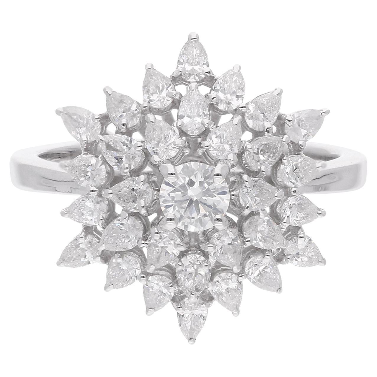 Natural 1.23 Carat Round & Pear Diamond Flower Ring 18 Karat White Gold Jewelry