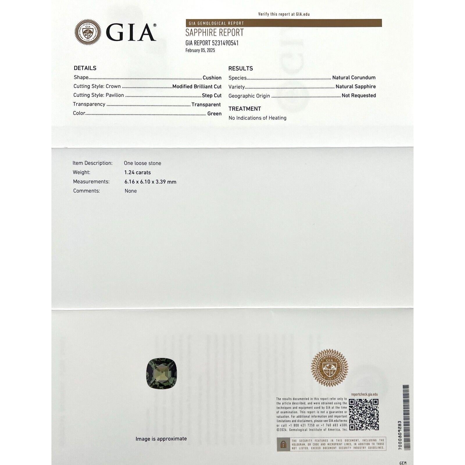 Zafiro verde no tratado natural de 1,24 ct certificado por la GIA Gema talla cojín 6,1x6,1 mm Corte cojín en venta