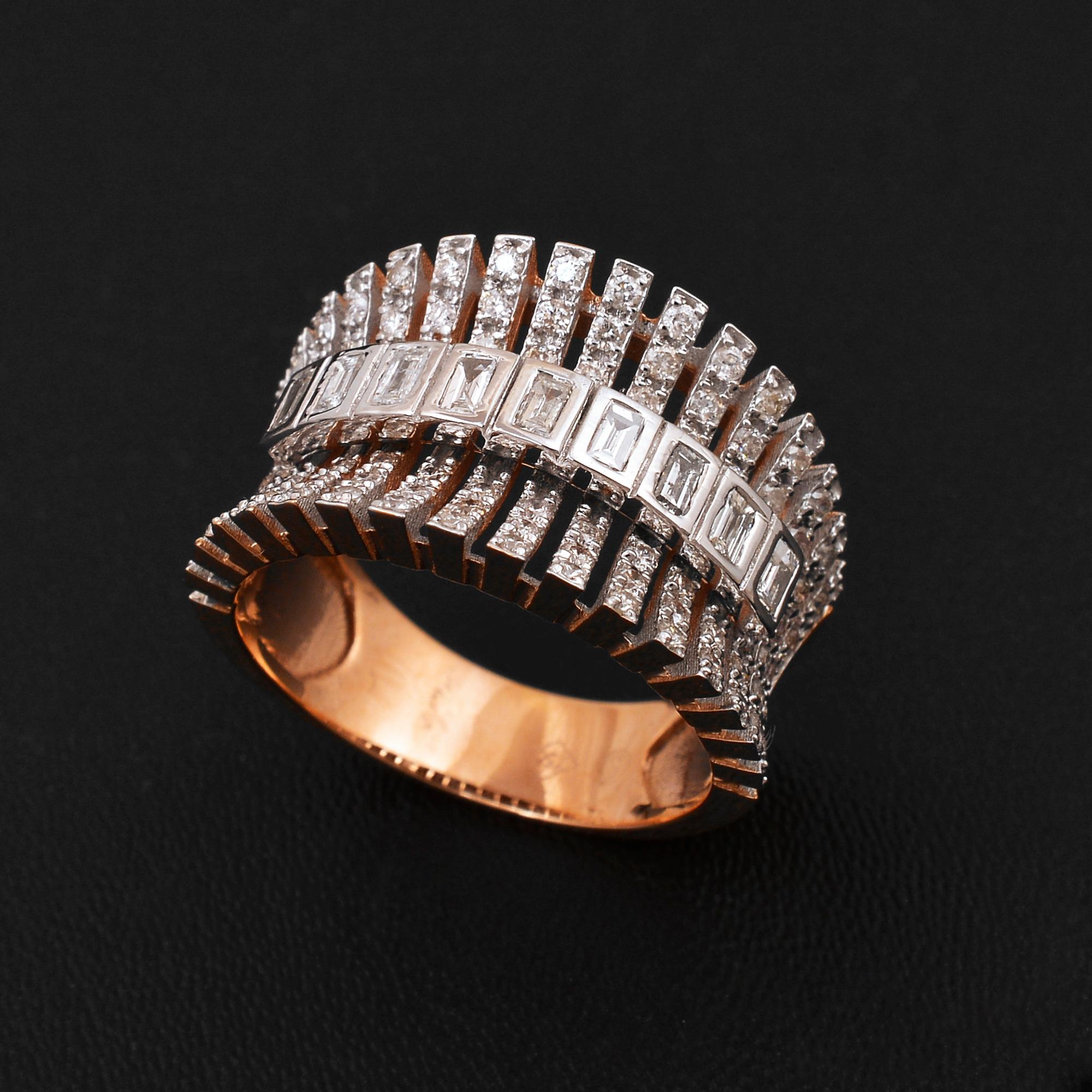 Modern Natural 1.25 Carat Baguette Round Diamond Cage Ring 18 Karat Rose Gold Jewelry For Sale