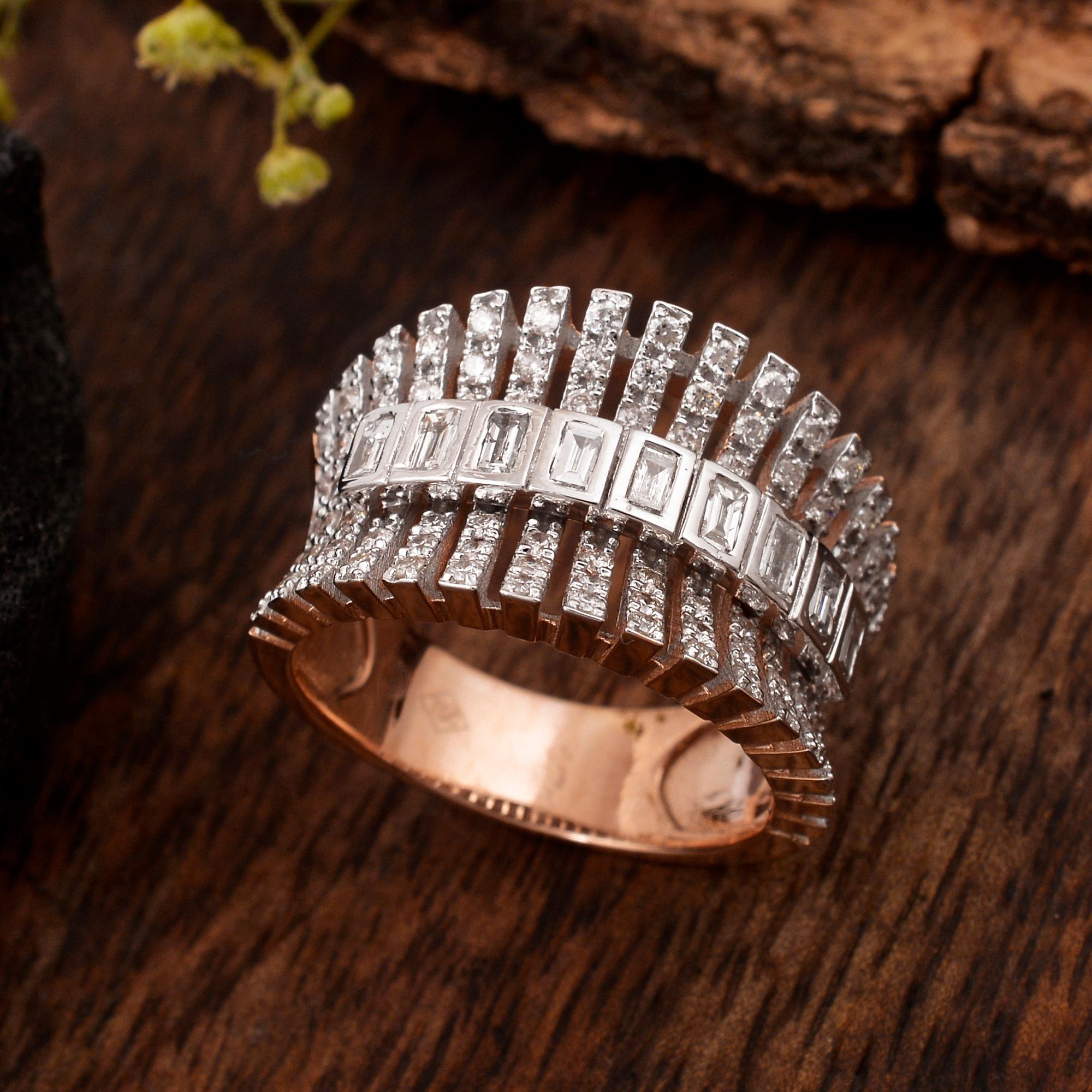 Baguette Cut Natural 1.25 Carat Baguette Round Diamond Cage Ring 18 Karat Rose Gold Jewelry For Sale