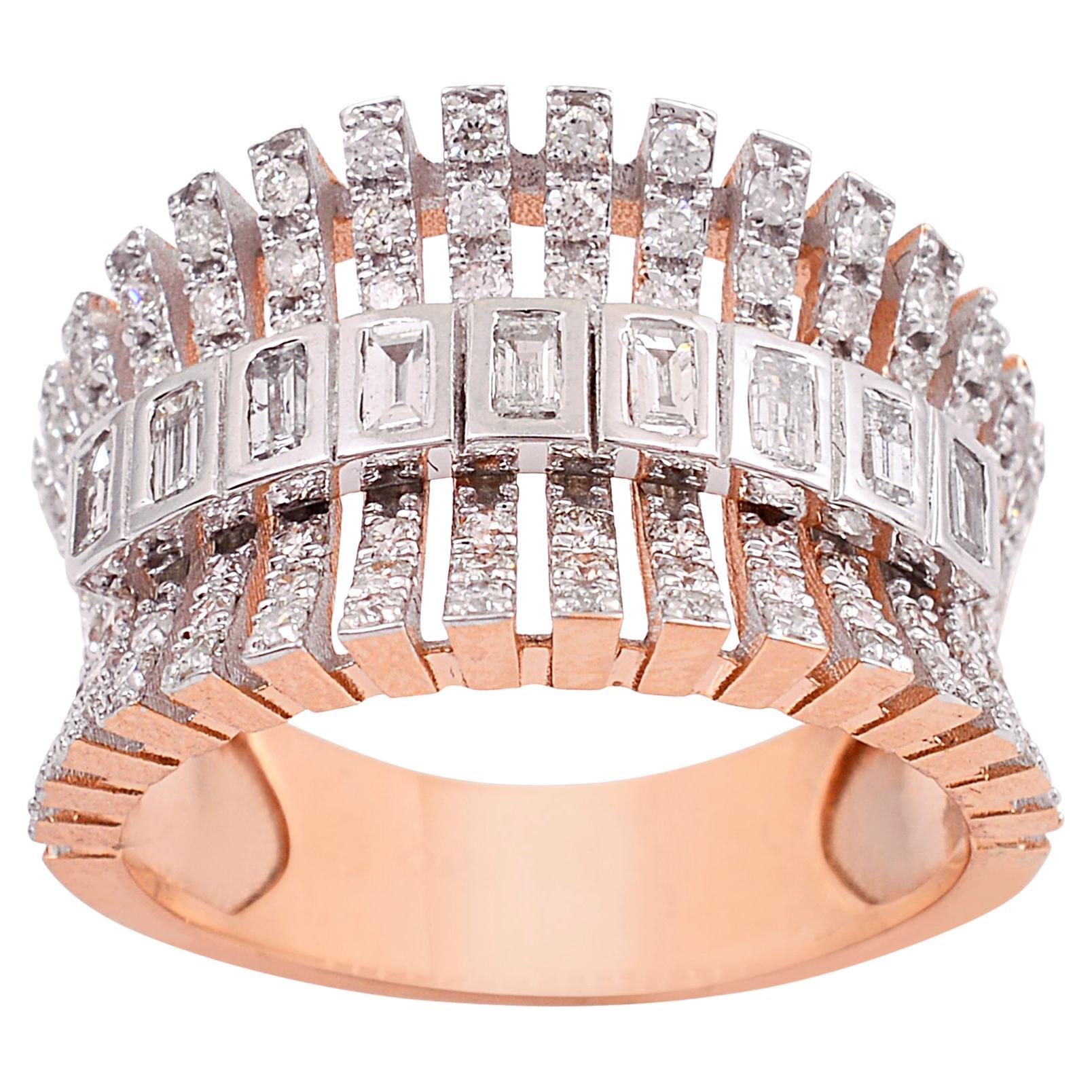 Natural 1.25 Carat Baguette Round Diamond Cage Ring 18 Karat Rose Gold Jewelry For Sale