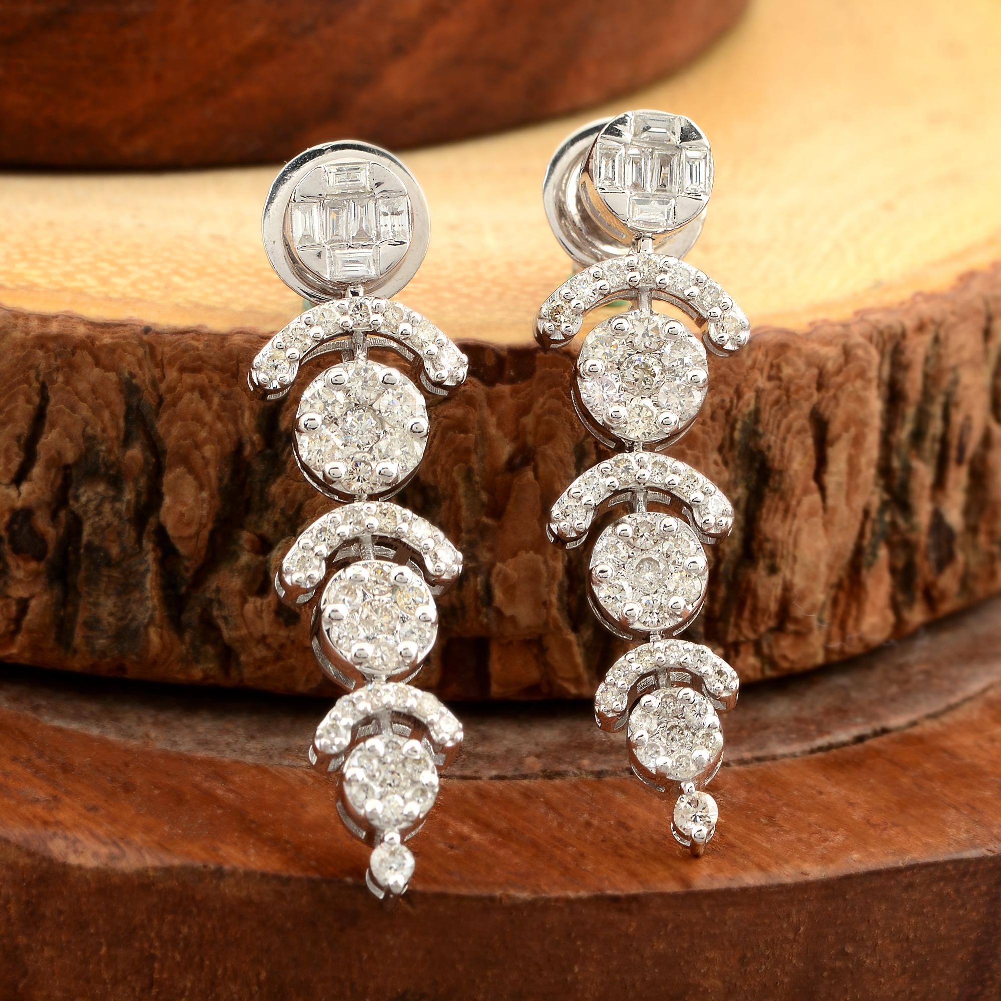 Round Cut Natural 1.52 Carat Diamond Pave Dangle Earrings Solid 18k White Gold Jewelry For Sale