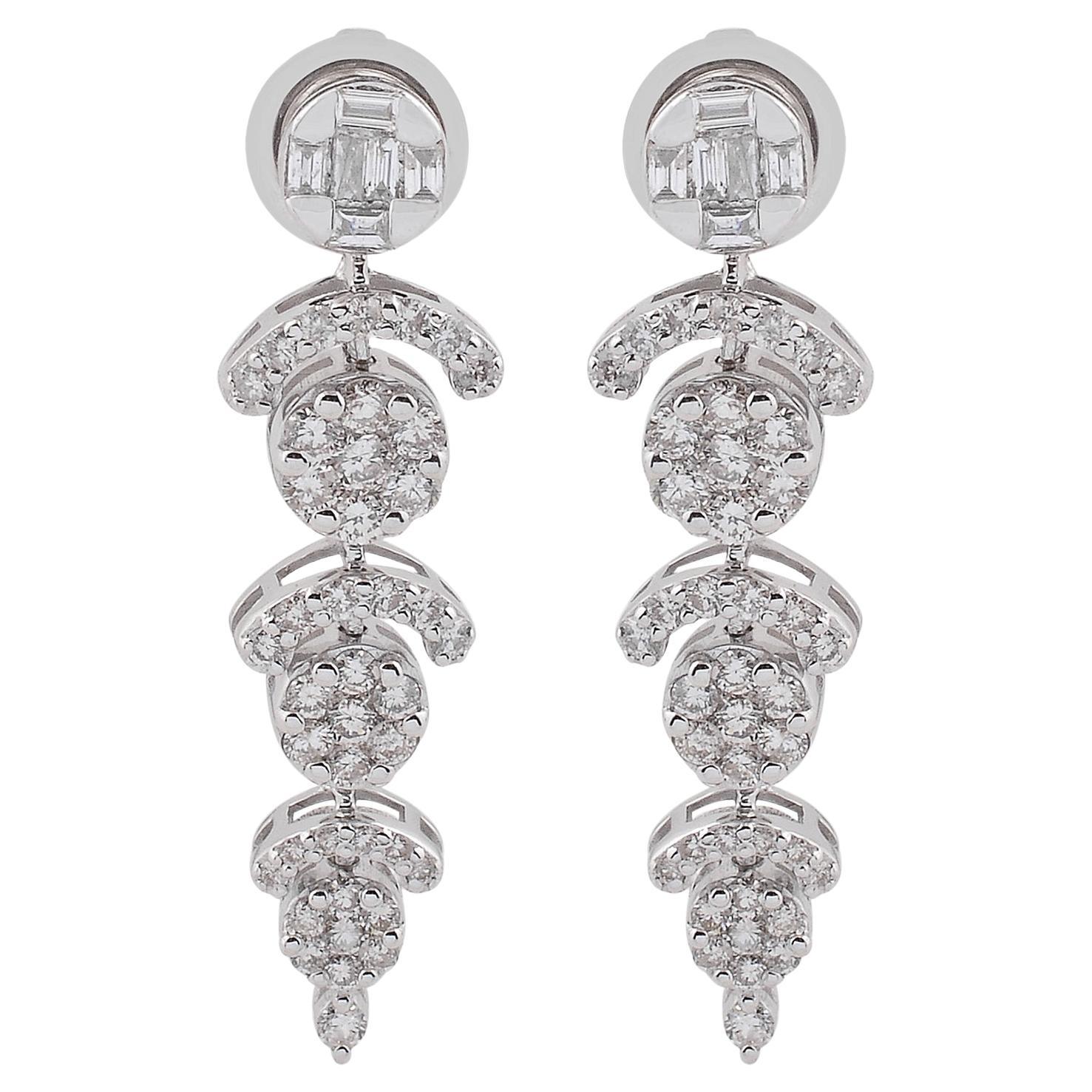 Boucles d'oreilles pendantes en or blanc 18 carats avec diamant naturel de 1,52 carat en pavé