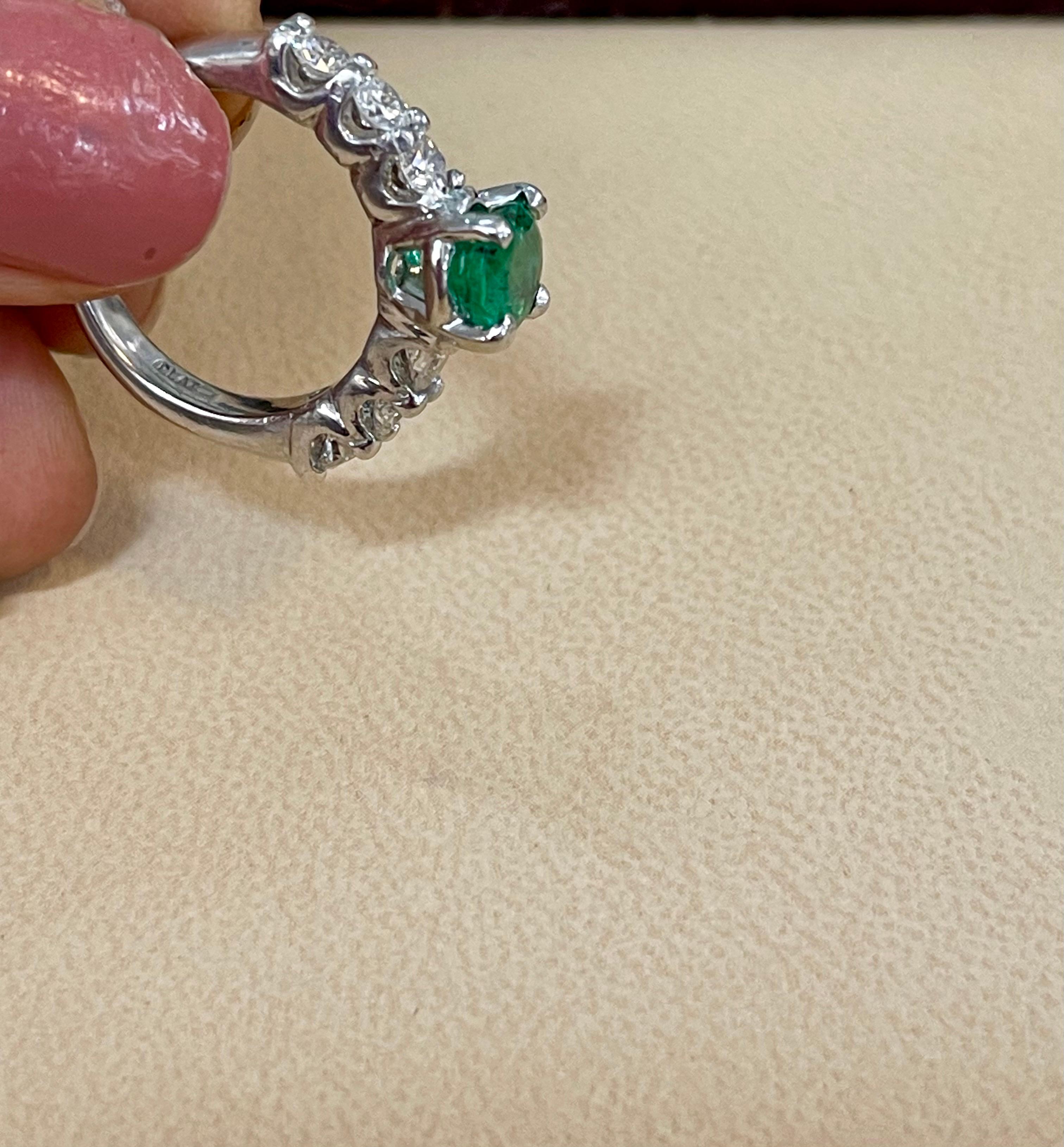 Natural 1.25 Carat Oval Cut Emerald & 0.90 Carat Diamond Ring Platinum For Sale 8