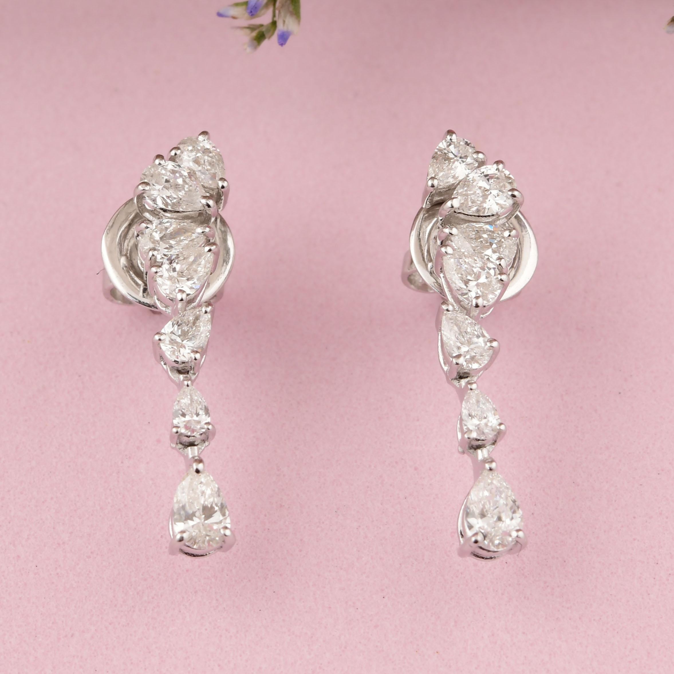 Pear Cut Natural 1.25 Carat SI/H Pear Diamond Dangle Earrings 18 Karat White Gold Jewelry For Sale