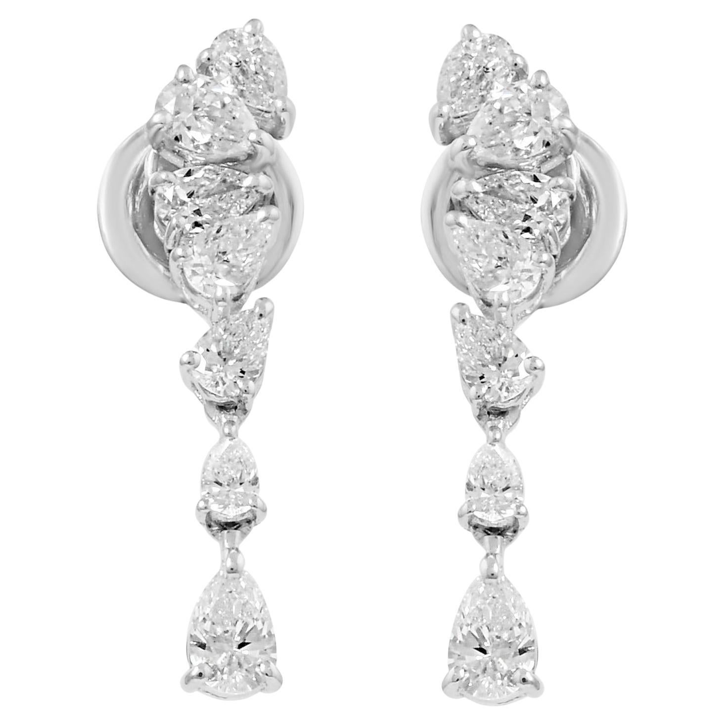 Natural 1.25 Carat SI/H Pear Diamond Dangle Earrings 18 Karat White Gold Jewelry For Sale