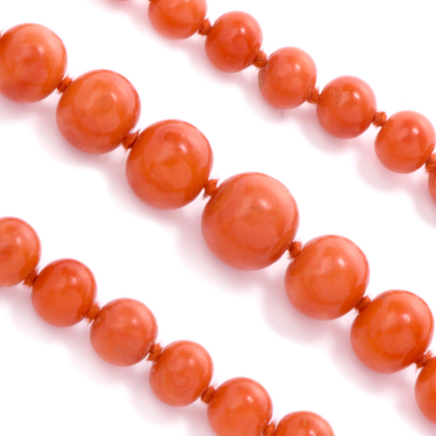 Round Cut Natural Red Coral Bead Strand 18 Karat Gold Necklace