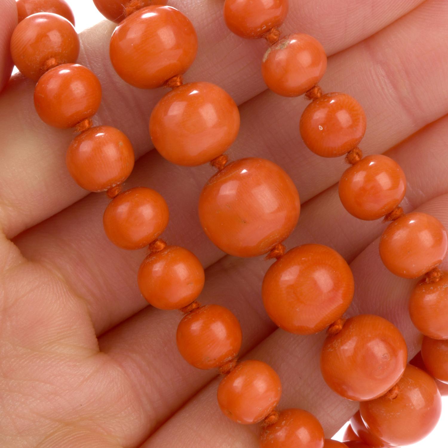 Women's or Men's Natural Red Coral Bead Strand 18 Karat Gold Necklace