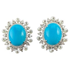 Natural 12.61 Carats Turquoise, Pearls and Diamond Earring Studs