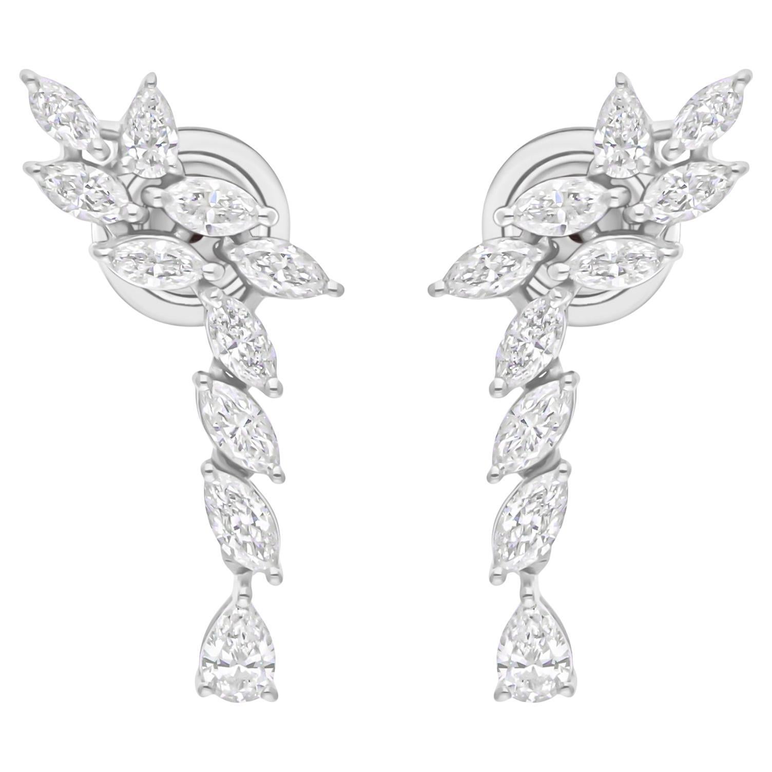 Pendientes de diamantes pera marquesa SI/H naturales de 1,27 quilates Joyas de oro blanco de 18k