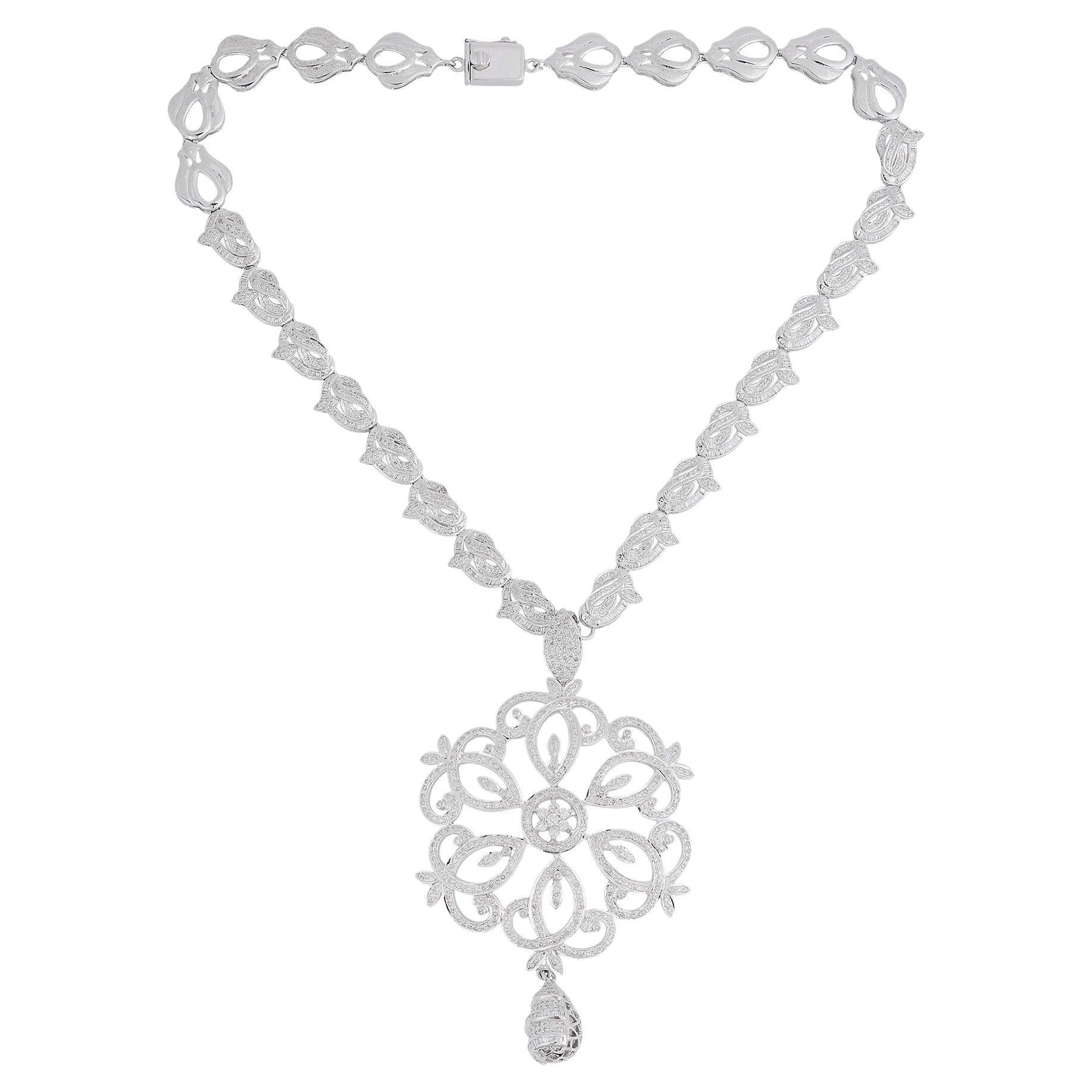 Natural 12.80 Carat Diamond Pave Flower Design Pendant Necklace Silver Jewelry