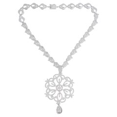 Used Natural 12.80 Carat Diamond Pave Flower Design Pendant Necklace Silver Jewelry