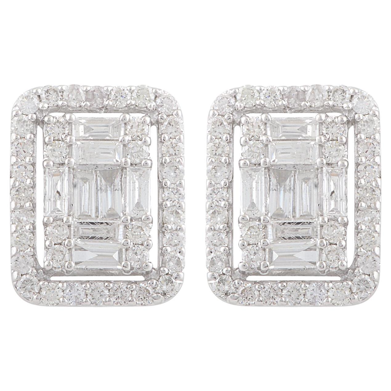 Pendientes de oro blanco de 10 quilates con halo de diamantes en racimo SI/H naturales de 1,29 quilates