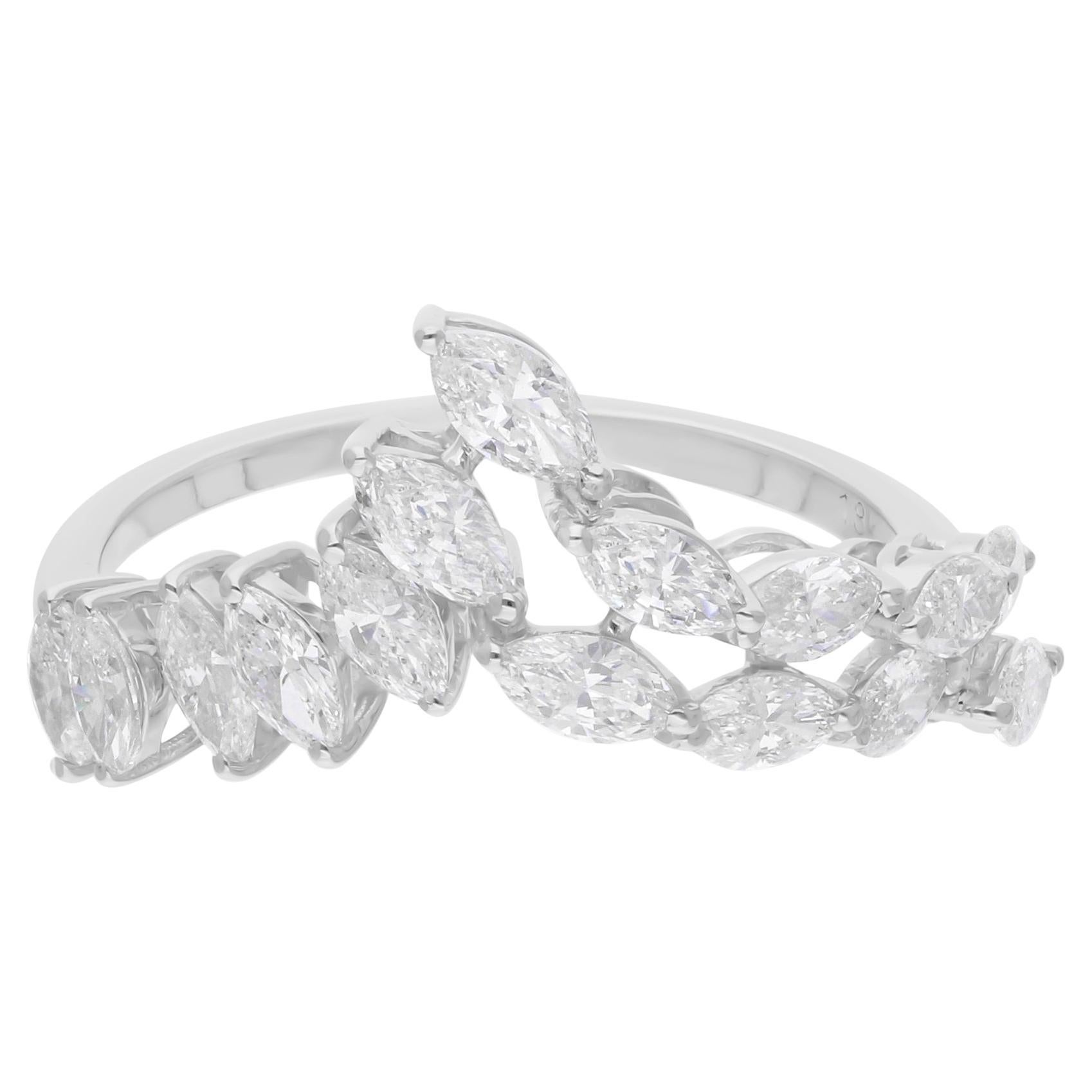 Bague chevron diamant marquise naturel de 1,29 carat SI/H en or blanc massif 18 carats