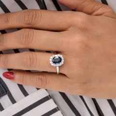 Natural 1.29Ct Blue Sapphire Birthstone Diamond Halo 18k White Gold Ring Jewelry