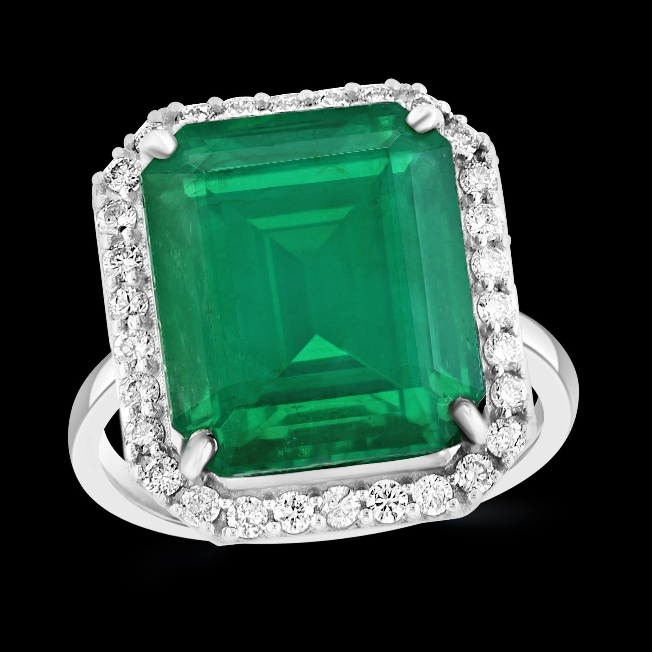 Natural 13 Carat Emerald Cut Zambian Emerald & Diamond Ring in 14kt White Gold For Sale 6