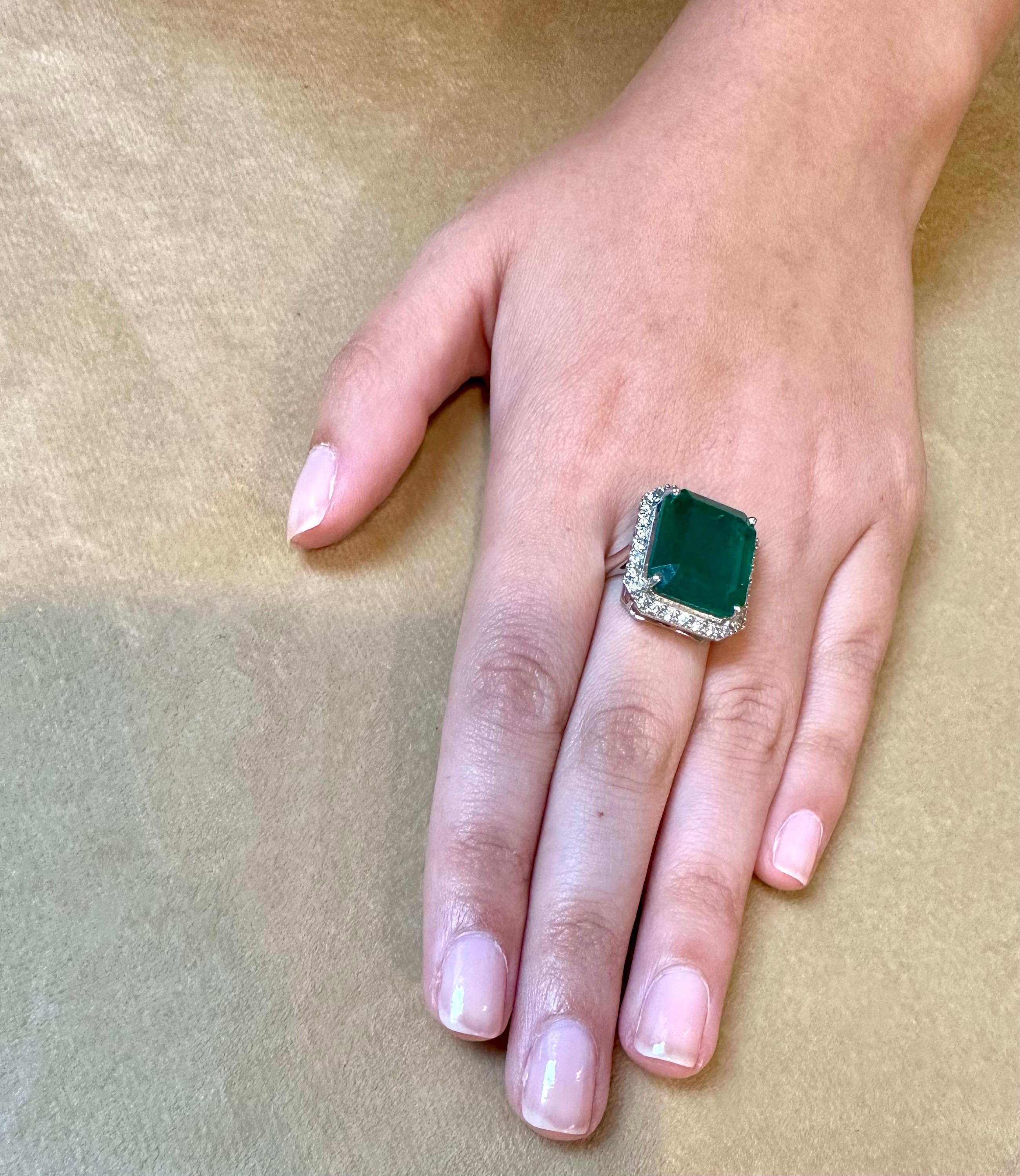 Natural 13 Carat Emerald Cut Zambian Emerald & Diamond Ring in 14kt White Gold For Sale 9