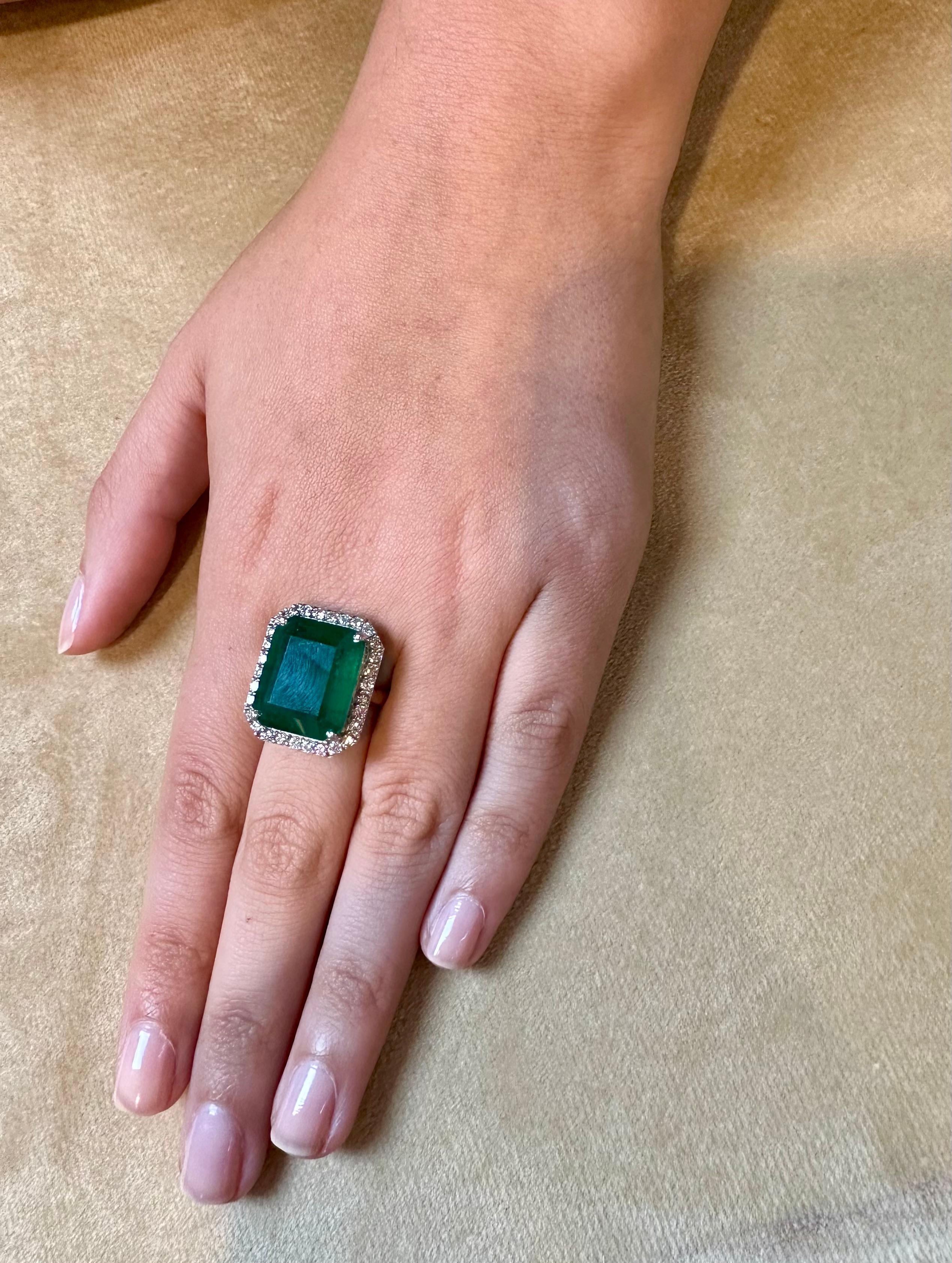 Natural 13 Carat Emerald Cut Zambian Emerald & Diamond Ring in 14kt White Gold For Sale 10