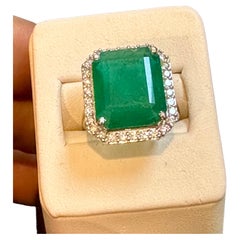 Natural 13 Carat Emerald Cut Zambian Emerald & Diamond Ring in 14kt White Gold