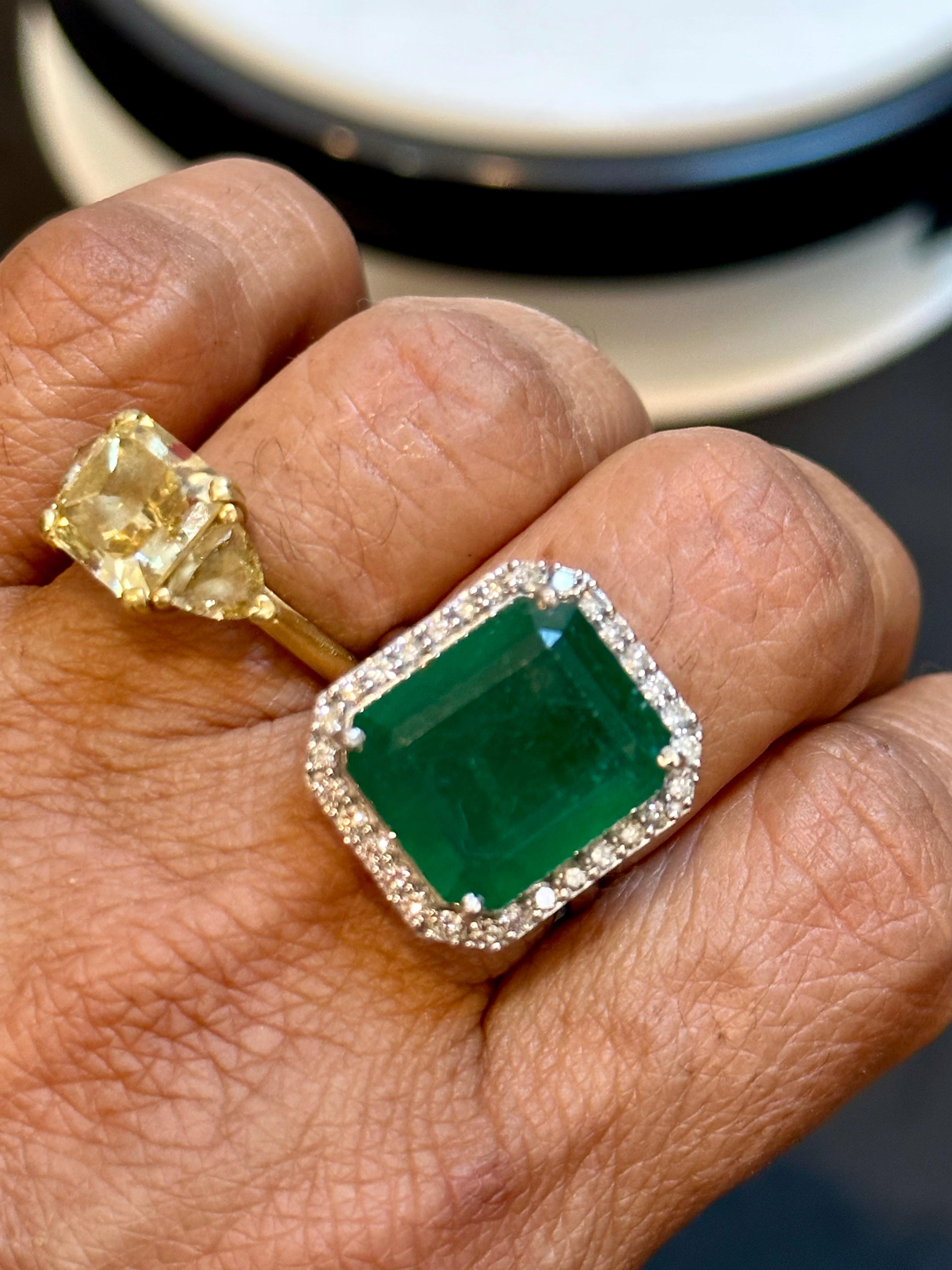 Women's Natural 13 Carat Emerald Cut Zambian Emerald & Diamond Ring in 14kt White Gold For Sale