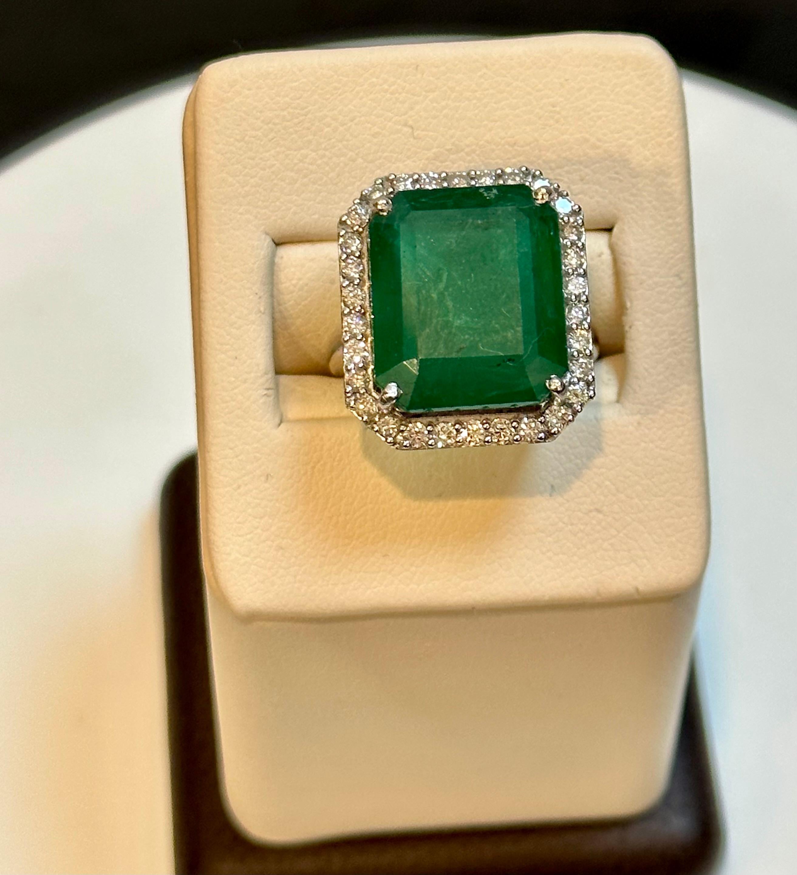 Natural 13 Carat Emerald Cut Zambian Emerald & Diamond Ring in 14kt White Gold For Sale 2