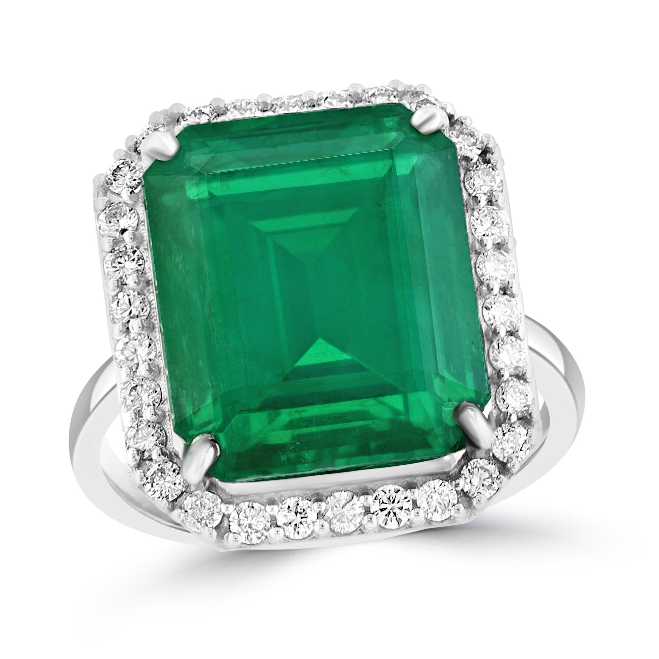 Natural 13 Carat Emerald Cut Zambian Emerald & Diamond Ring in 14kt White Gold For Sale