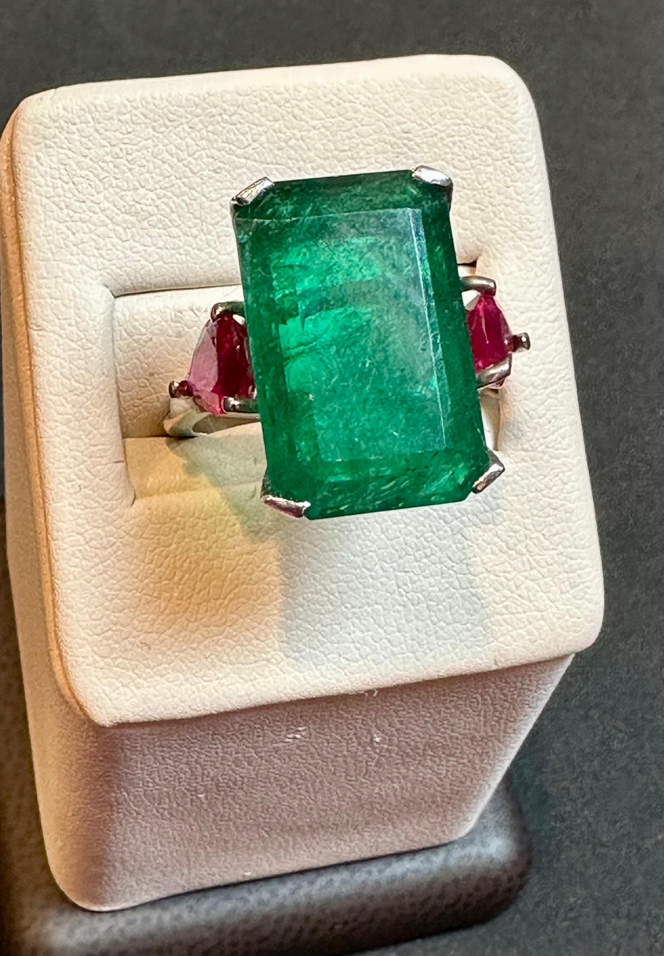 Women's Natural 13 Carat Emerald Cut Zambian Emerald & Ruby Ring in Platinum, Estate 