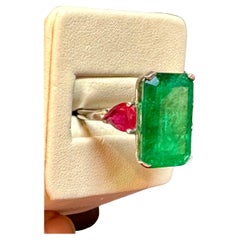 Natural 13 Carat Emerald Cut Zambian Emerald & Ruby Ring in Platinum, Estate 