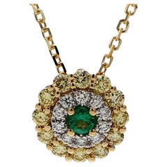 Natural Round Emerald and White Diamond .65 Carat TW Gold Drop Pendant