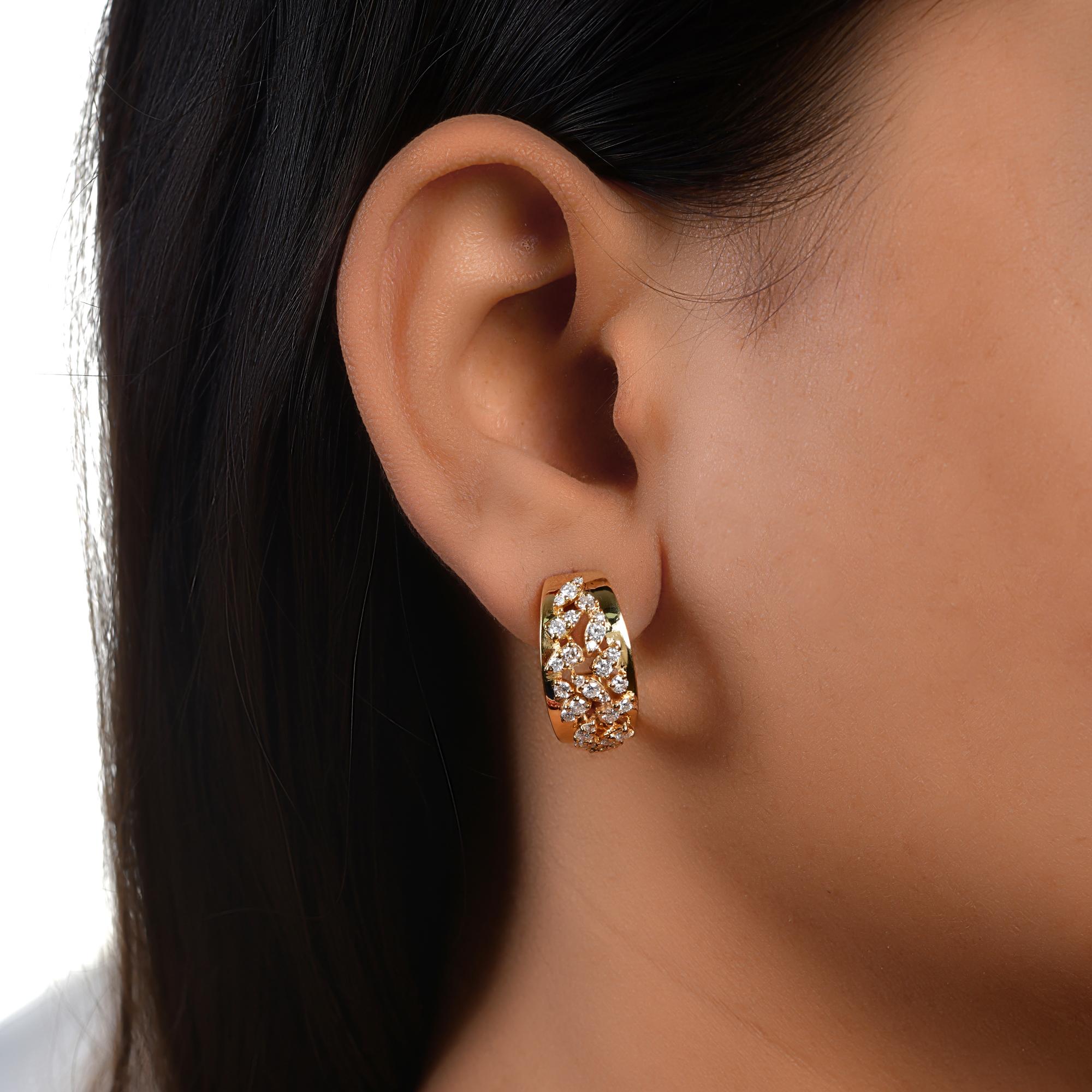 Taille ronde Boucles d'oreilles composées de diamants naturels de 1,3 carat SI/H, taille ronde et brillante, or jaune 14 carats en vente