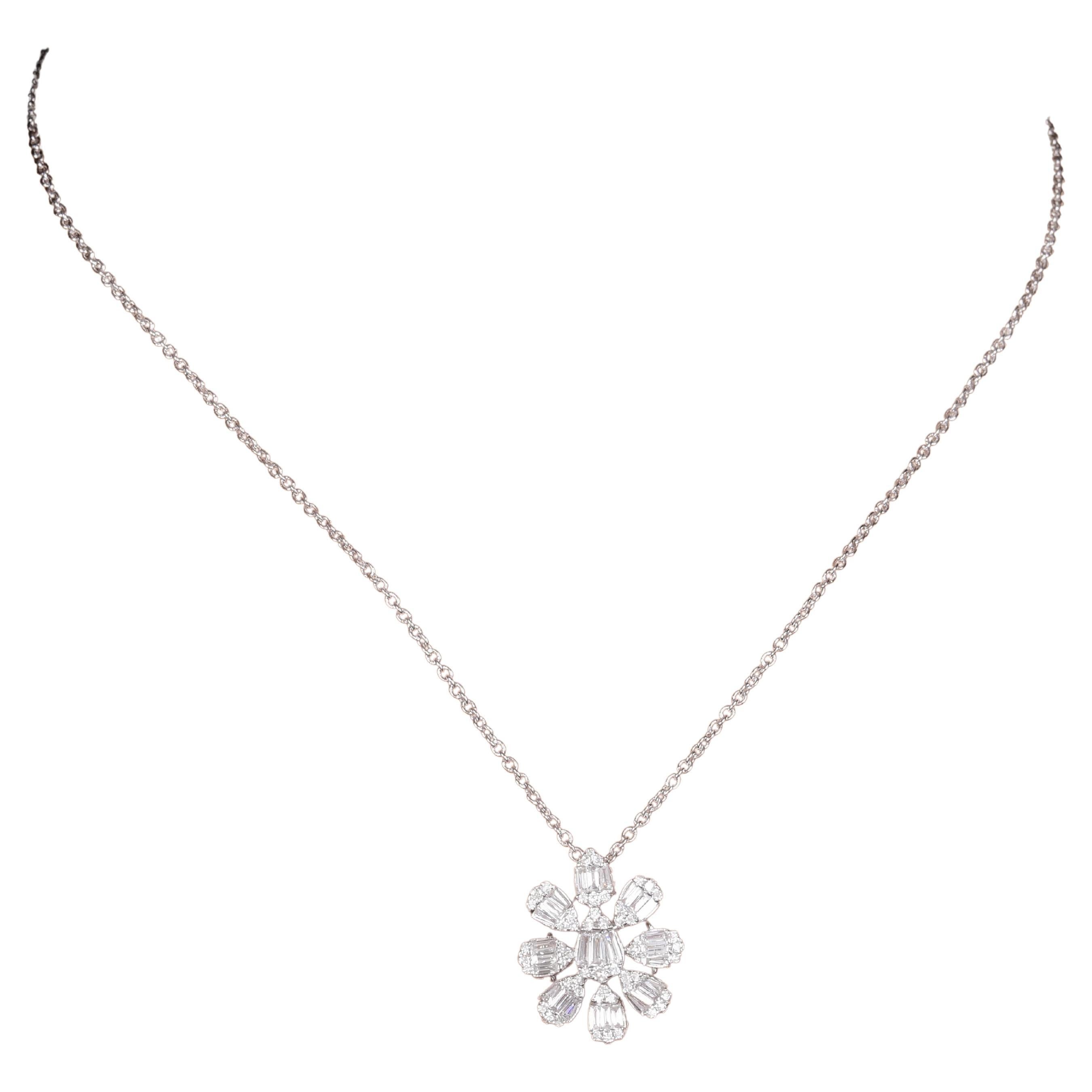 Natural 1.30 Carat Baguette Diamond Charm Necklace 14 Karat White Gold Jewelry