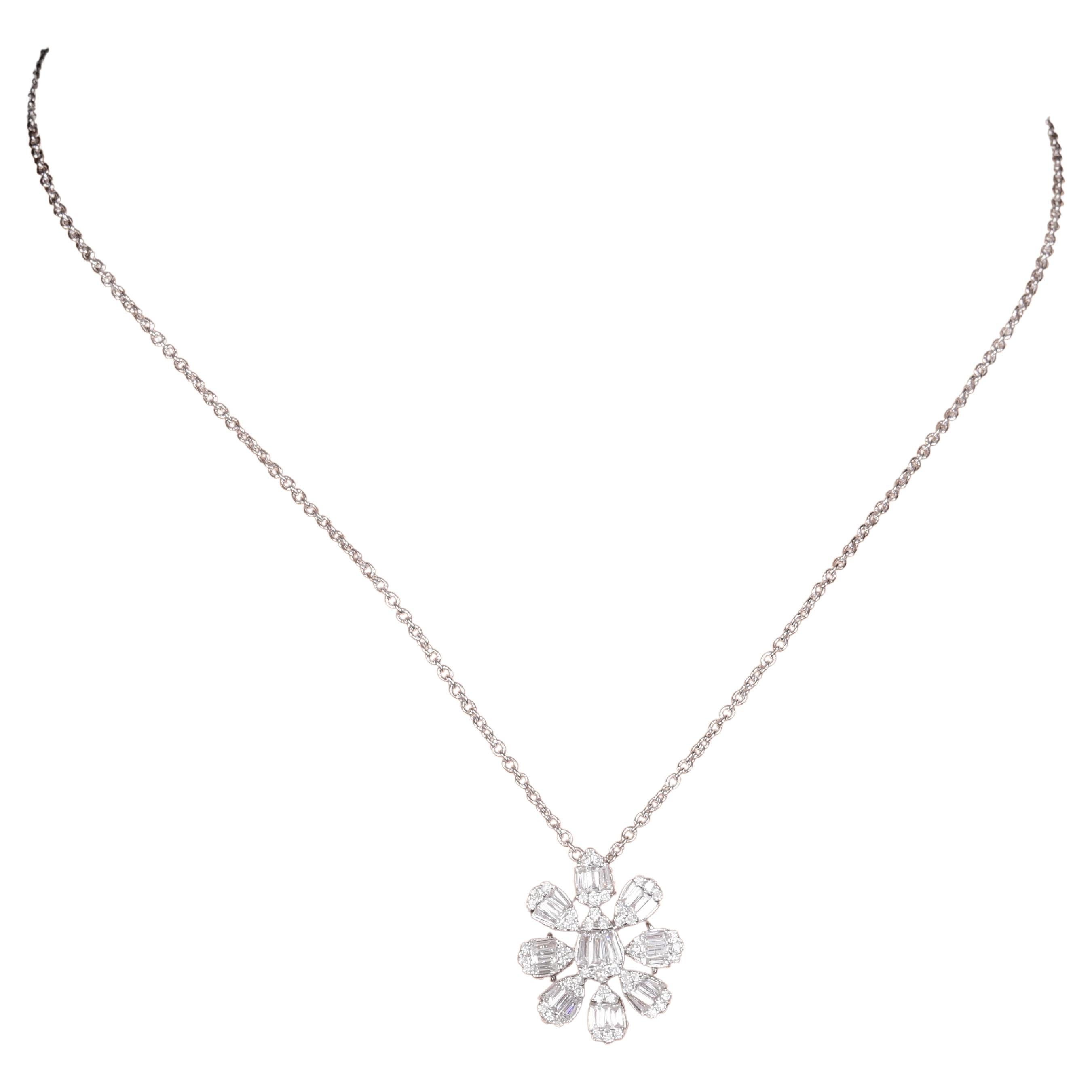 Natural 1.30 Carat Baguette Diamond Charm Necklace 18 Karat White Gold Jewelry For Sale