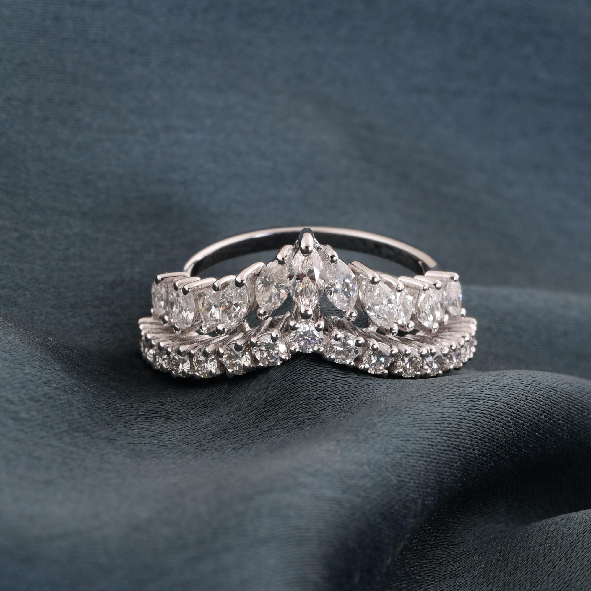 Women's Natural 1.30 Carat Diamond Chevron Ring 14 Karat White Gold Handmade Jewelry For Sale