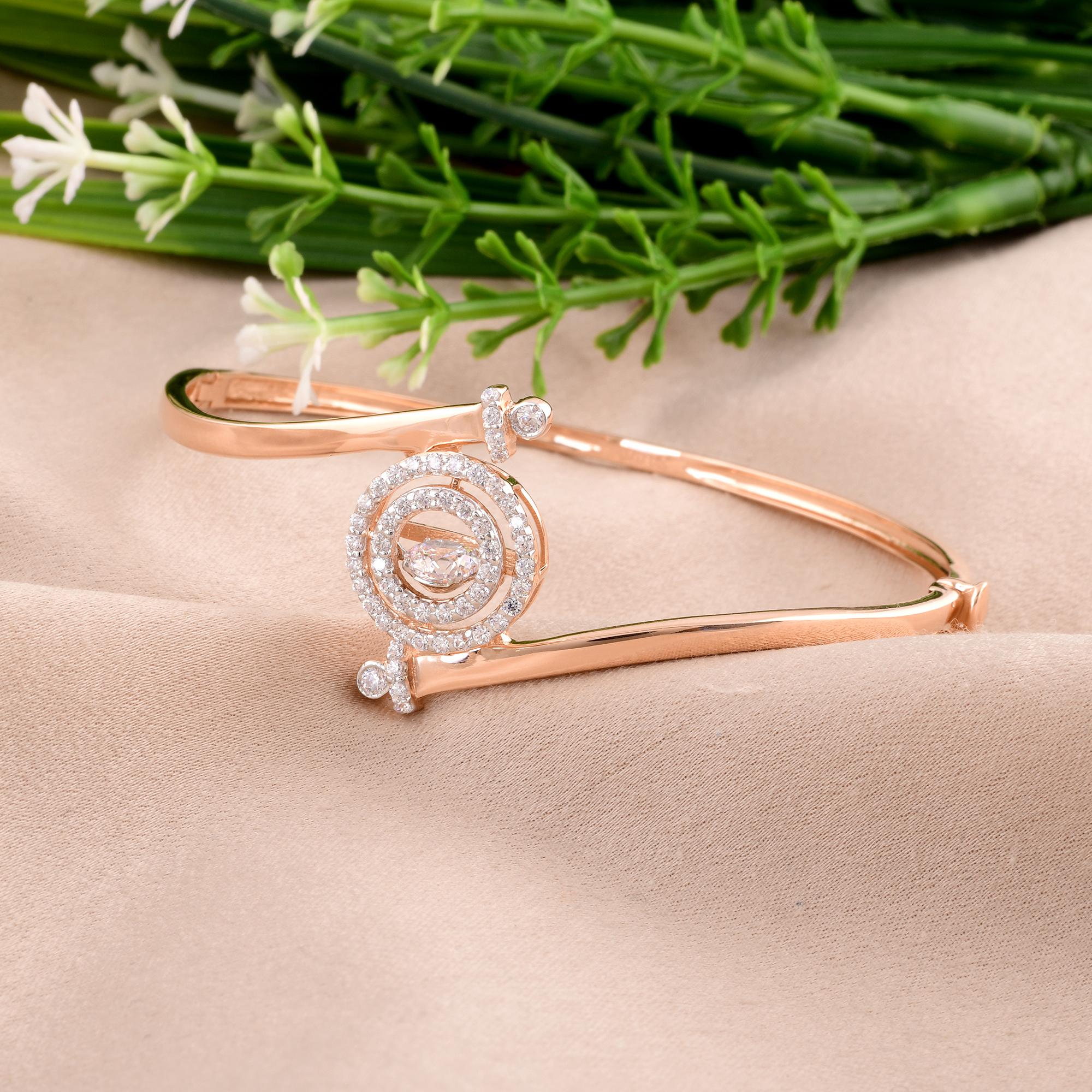 Women's Natural 1.30 Carat Diamond Designer Bangle Bracelet 14 Karat Rose Gold Jewelry For Sale