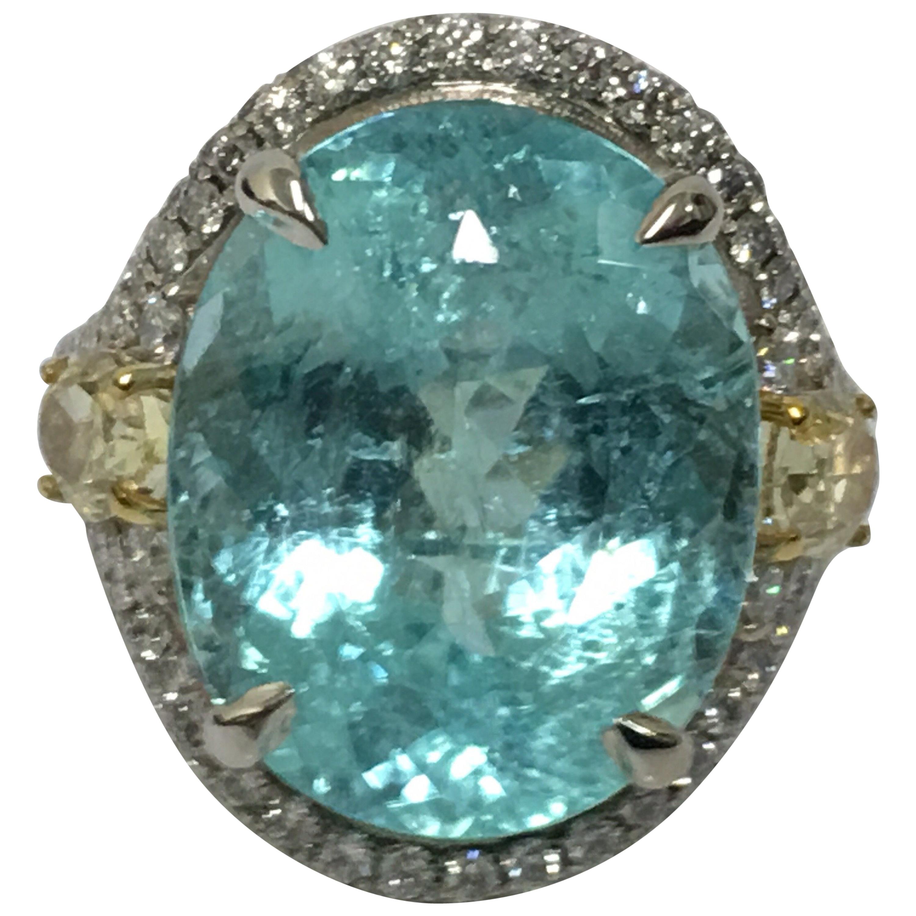 Natural 13.01 Carat Paraiba Tourmaline and Diamond Cocktail Ring For Sale