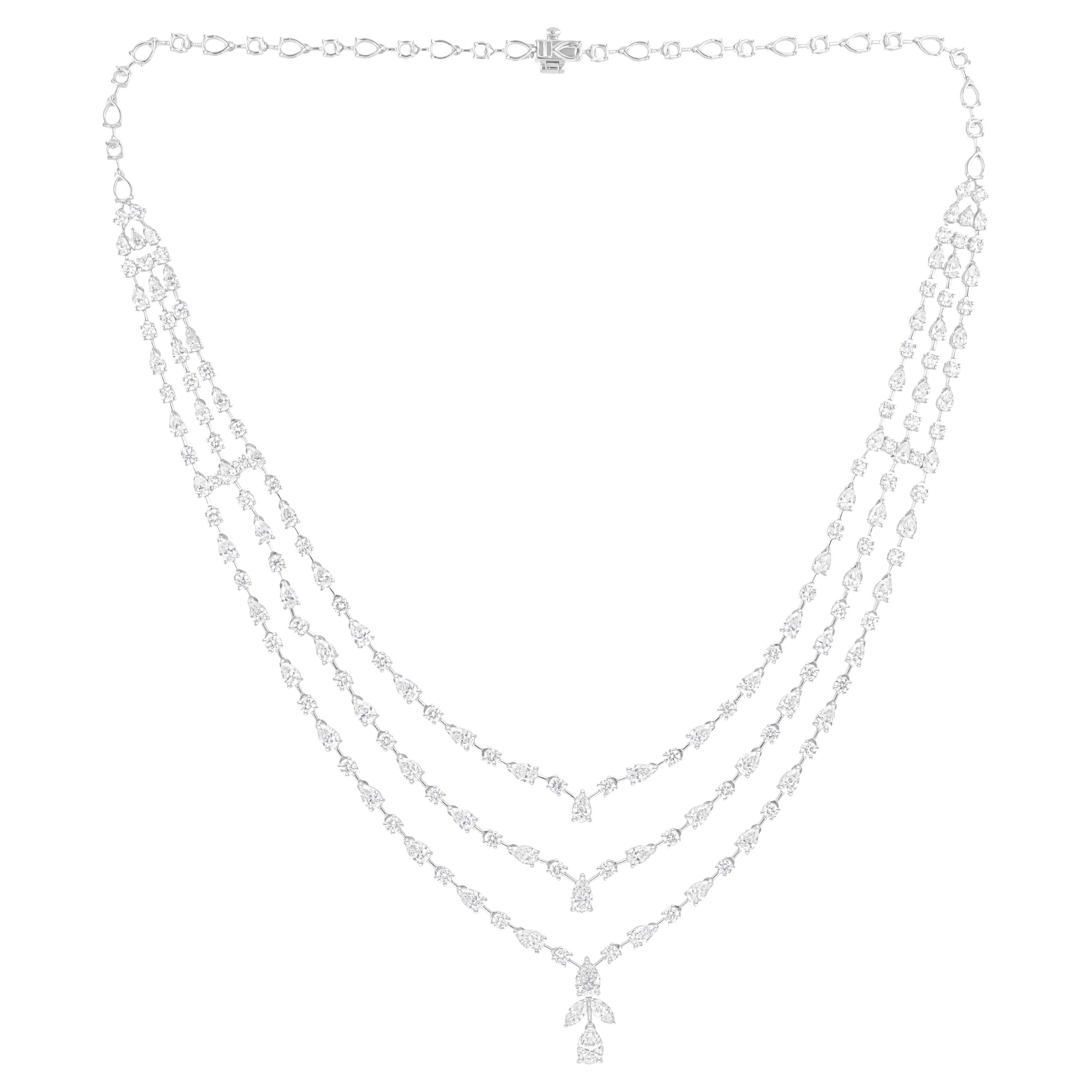 Natural 13.04 Carat Diamond Three Strand Wedding Necklace 14K White Gold