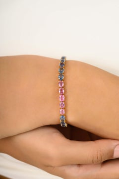 Natural 13.05 Ct Oval Cut Multicolor Sapphire Tennis Bracelet in 18K Yellow Gold