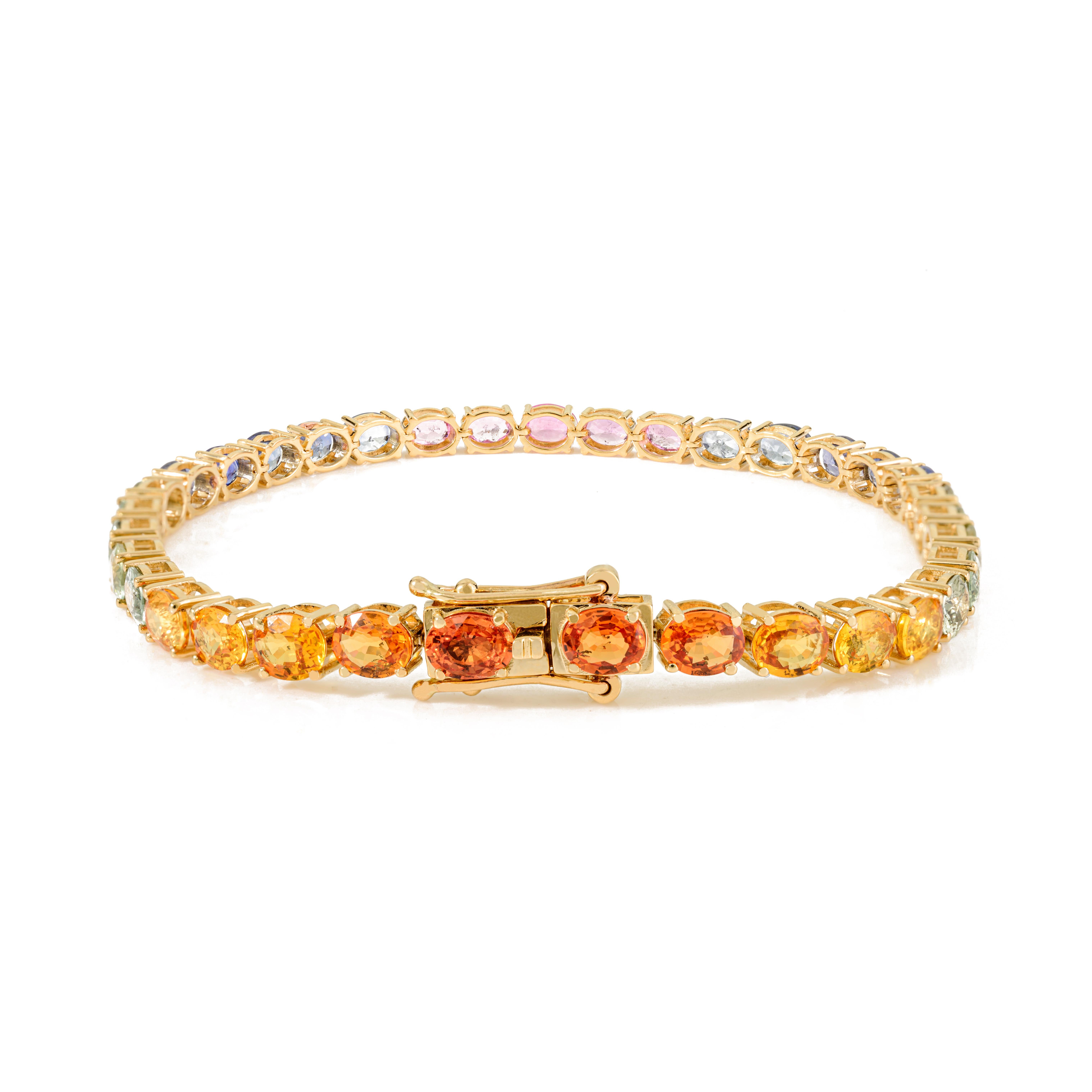 Moderniste Nature 13.05 Ct Oval Cut Multicolor Sapphire Tennis Bracelet en or jaune 18K en vente