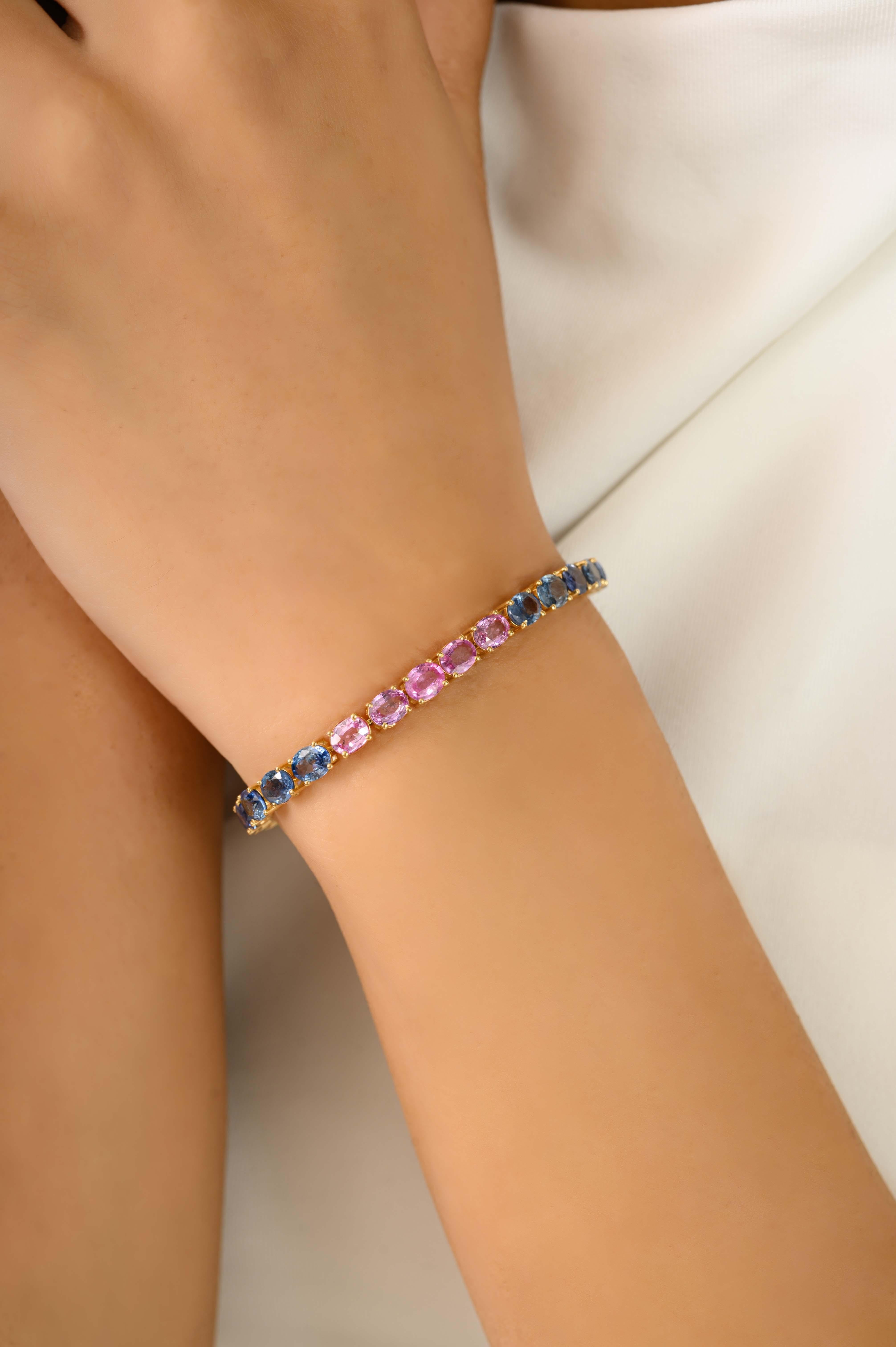 Taille ovale Nature 13.05 Ct Oval Cut Multicolor Sapphire Tennis Bracelet en or jaune 18K en vente
