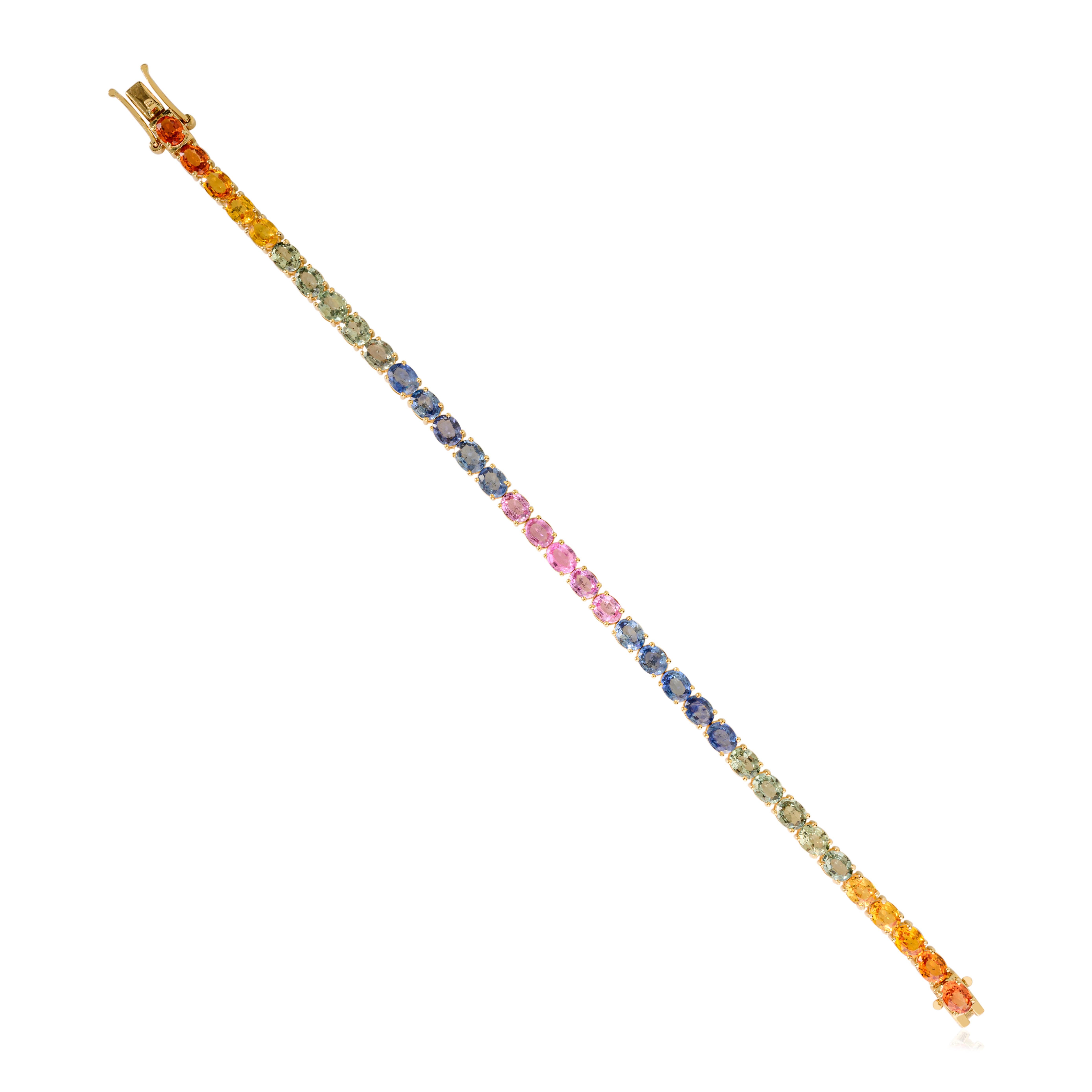Nature 13.05 Ct Oval Cut Multicolor Sapphire Tennis Bracelet en or jaune 18K Neuf - En vente à New York, NY
