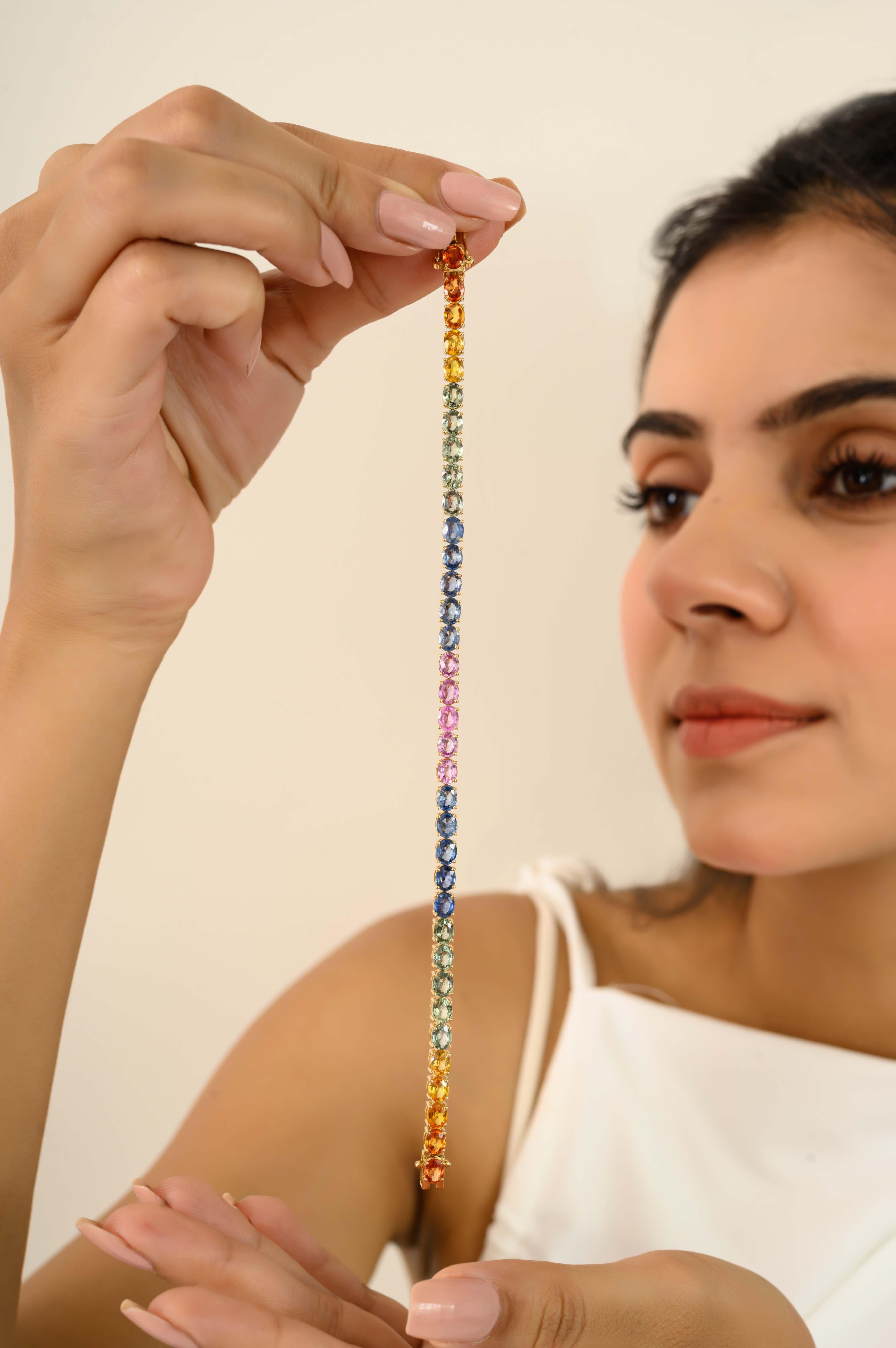Nature 13.05 Ct Oval Cut Multicolor Sapphire Tennis Bracelet en or jaune 18K Pour femmes en vente