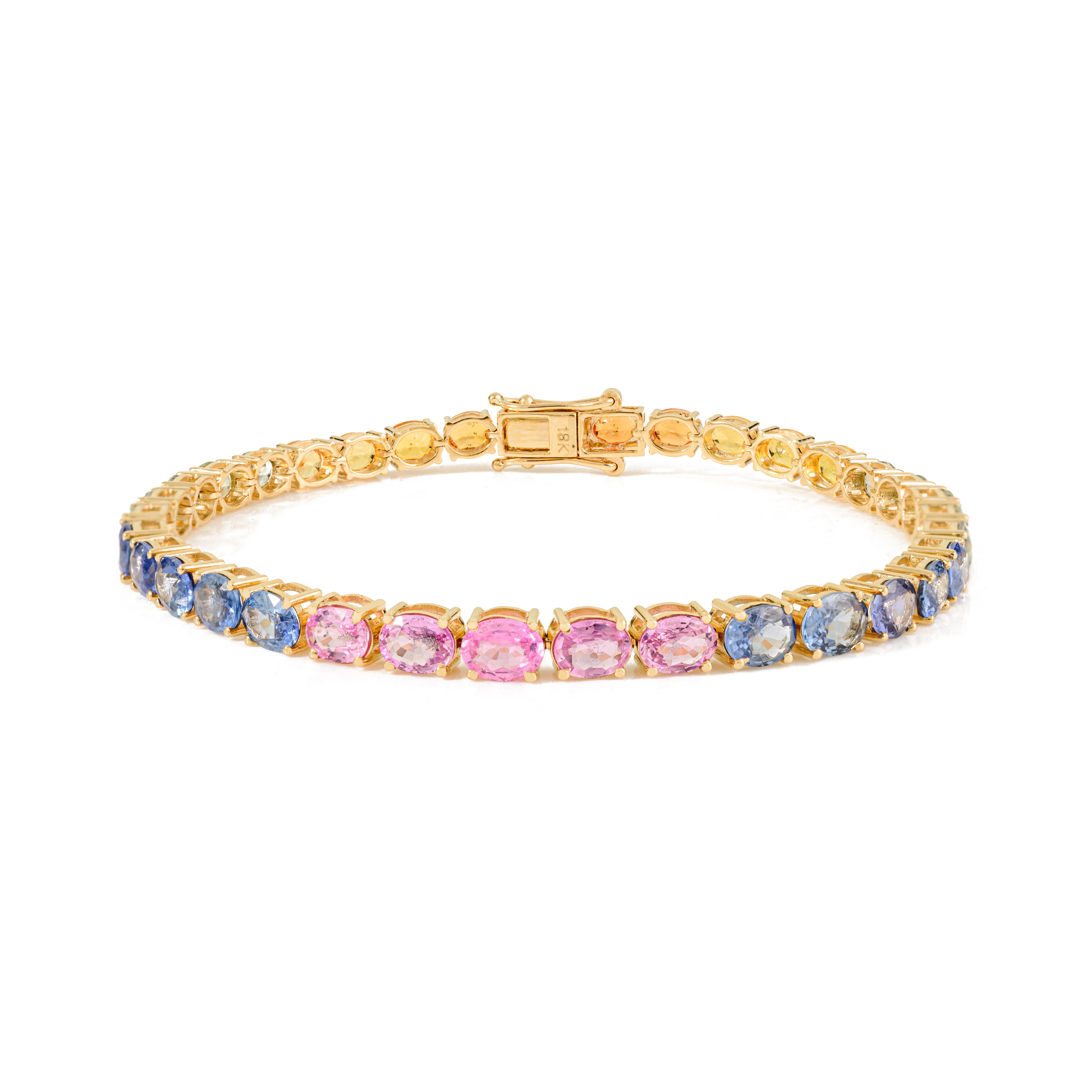 Nature 13.05 Ct Oval Cut Multicolor Sapphire Tennis Bracelet en or jaune 18K en vente 1