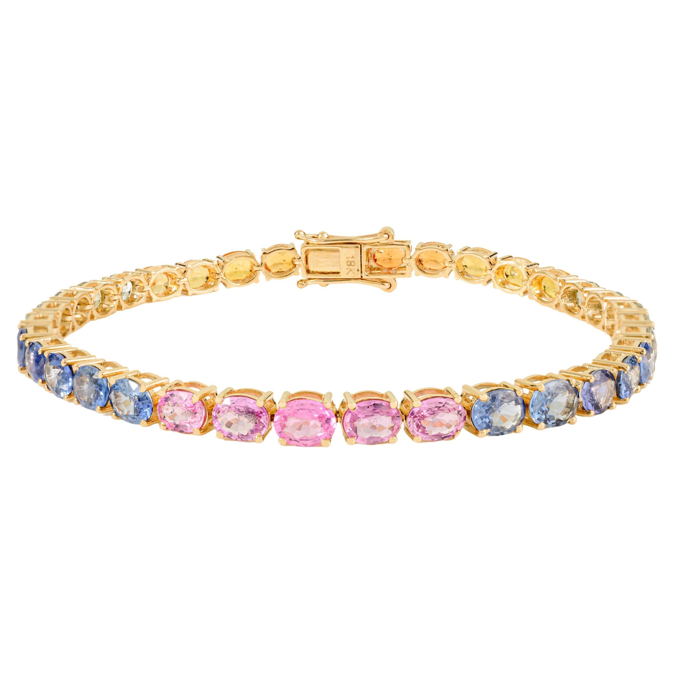 Nature 13.05 Ct Oval Cut Multicolor Sapphire Tennis Bracelet en or jaune 18K