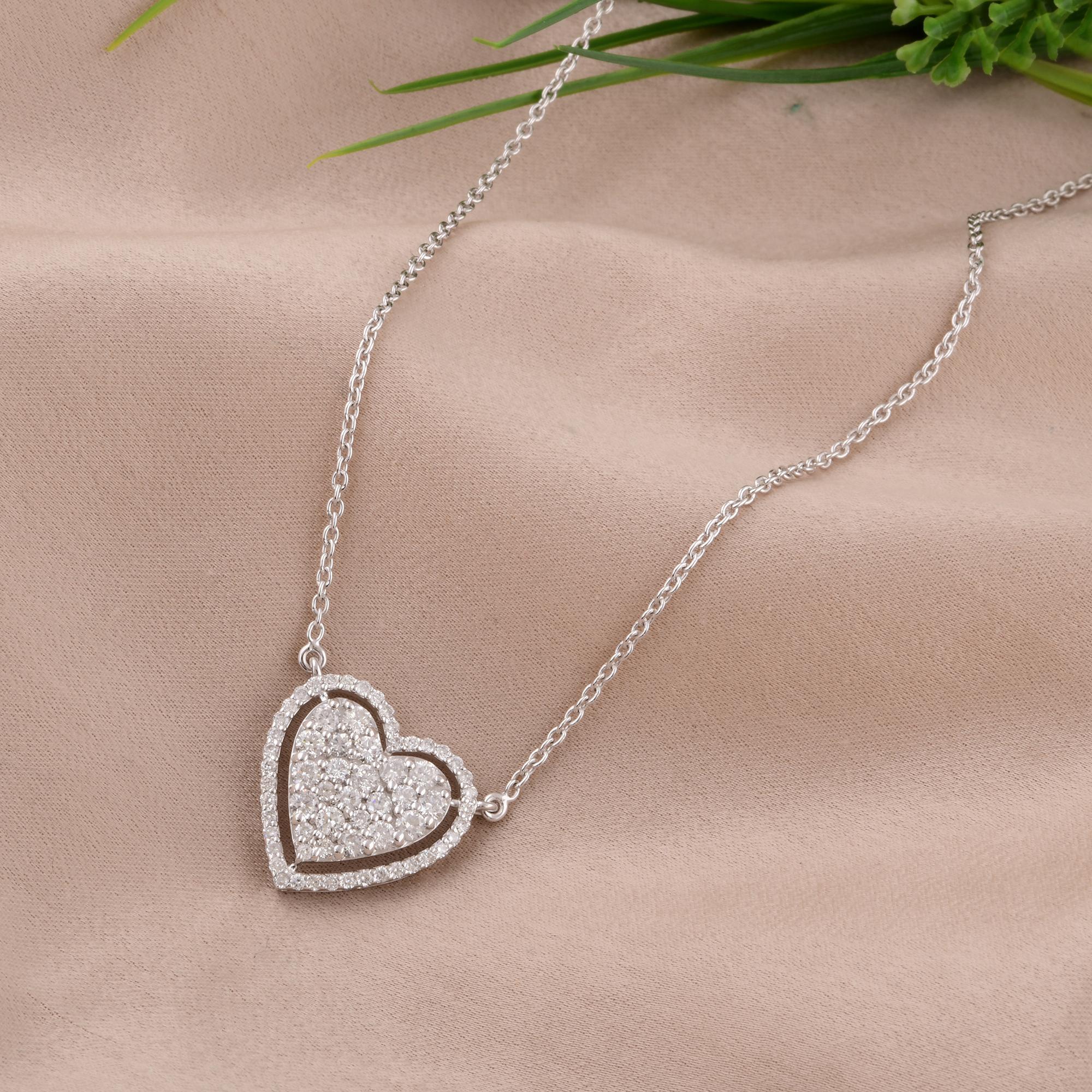 Modern Natural 1.31 Carat Diamond Pave Heart Charm Necklace 18 Karat White Gold Jewelry For Sale