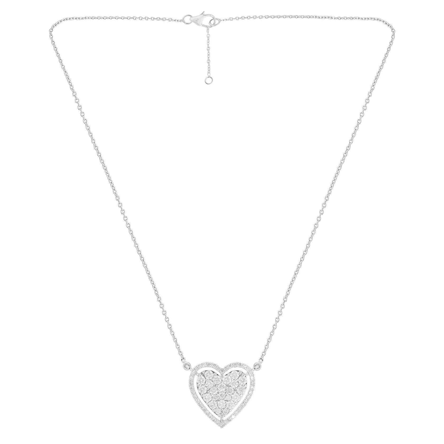 Natural 1.31 Carat Diamond Pave Heart Charm Necklace 18 Karat White Gold Jewelry