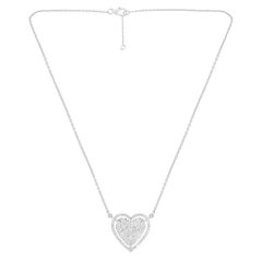 Natural 1.31 Carat Diamond Pave Heart Charm Necklace 18 Karat White Gold Jewelry