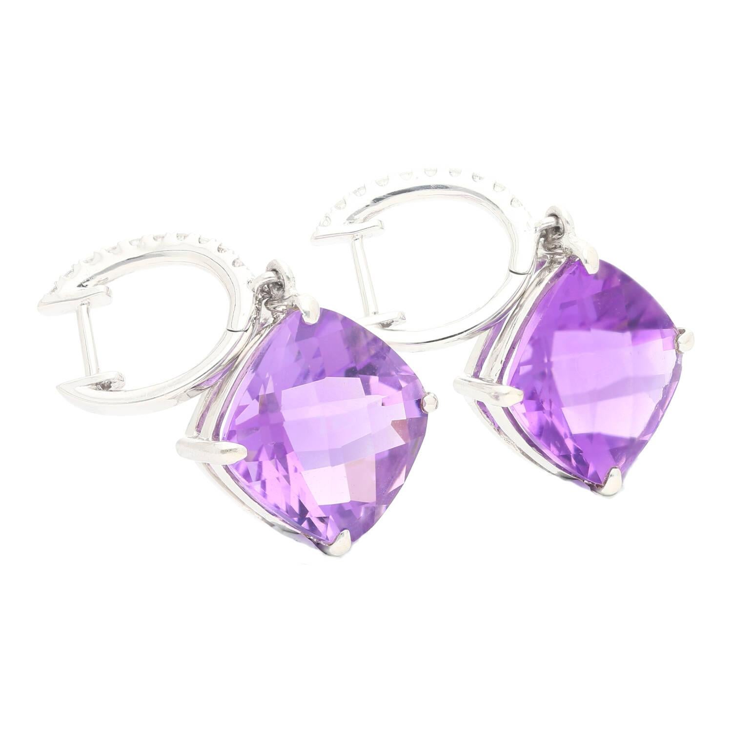 Natural 13.12 Carat Cushion Cut Amethyst & Diamond Dangling Earrings In New Condition For Sale In Miami, FL