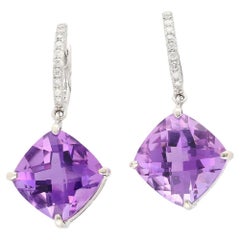 Pendientes colgantes de amatista natural talla cojín de 13,12 quilates y diamantes