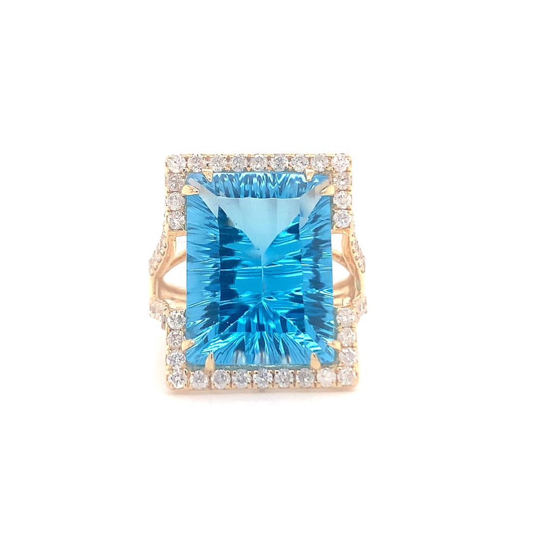 Natural 13.20 carat blue topaz with diamond gold ring 1